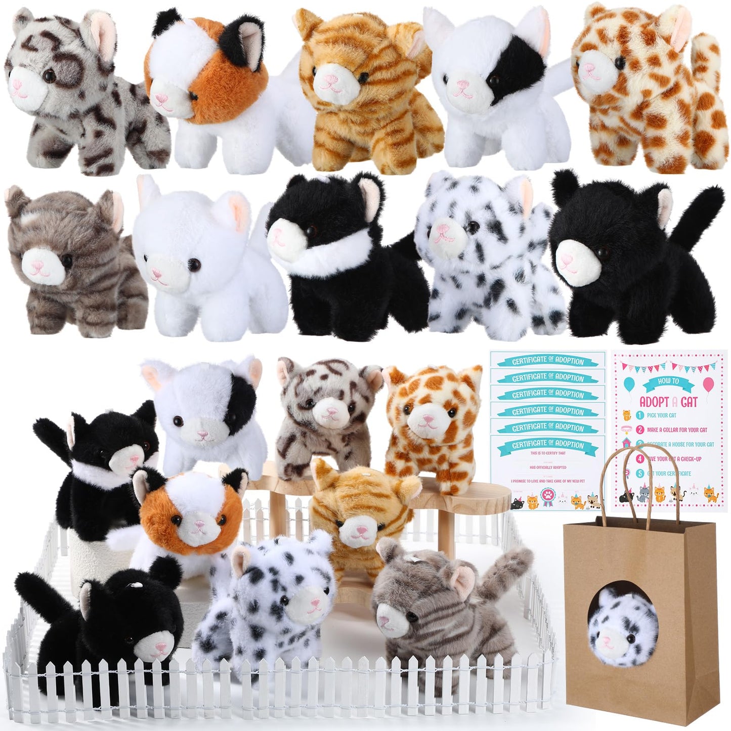 Jenaai 33 Pcs Adopt a Pet Cat Party Favors Mini Kitten Stuffed Animals Set Includes 10 Small Cat Stuffed Animals 2 Plastic Fence 1 Sign 10 Cards 10 Kraft Bag for Adopt a Pet Party Birthday Gifts