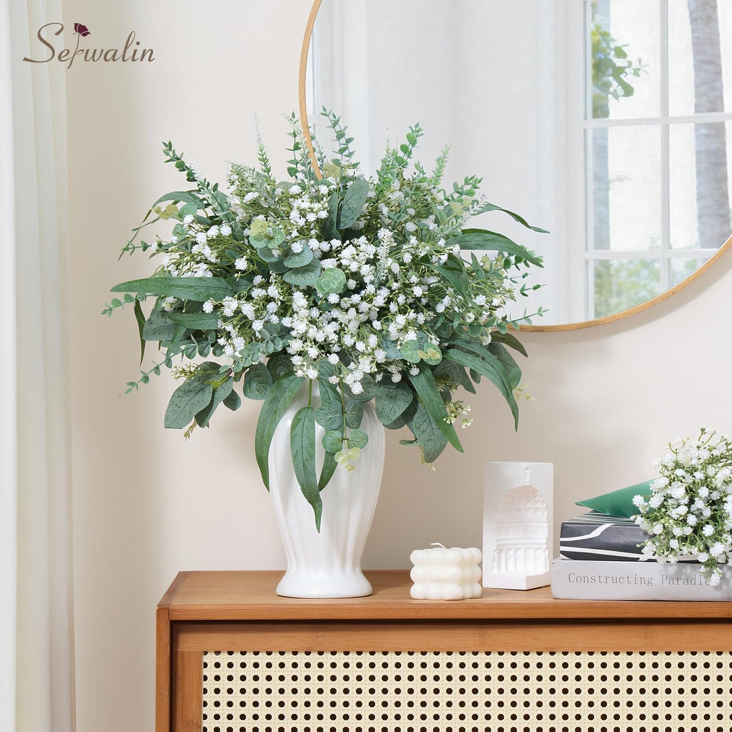 Serwalin 180 Pcs 7 Kinds Mixed Artificial Eucalyptus Greenery Stems Bulk, Baby Breath Flowers Artificial with Faux Leaves Picks for DIY Bouquets Wedding Floral Centerpieces Vase Table Home Decor
