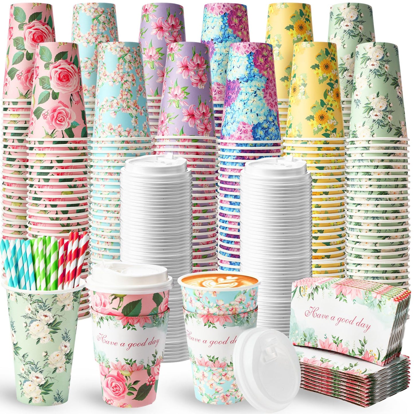 Jingmore 120 Set 16oz Disposable Paper Coffee Cups with Lids Sleeves Straws Holiday Paper Drinking Cups Bulk for Hot Cold Beverages Home Business Cafe Birthday Party Supplies (Floral)