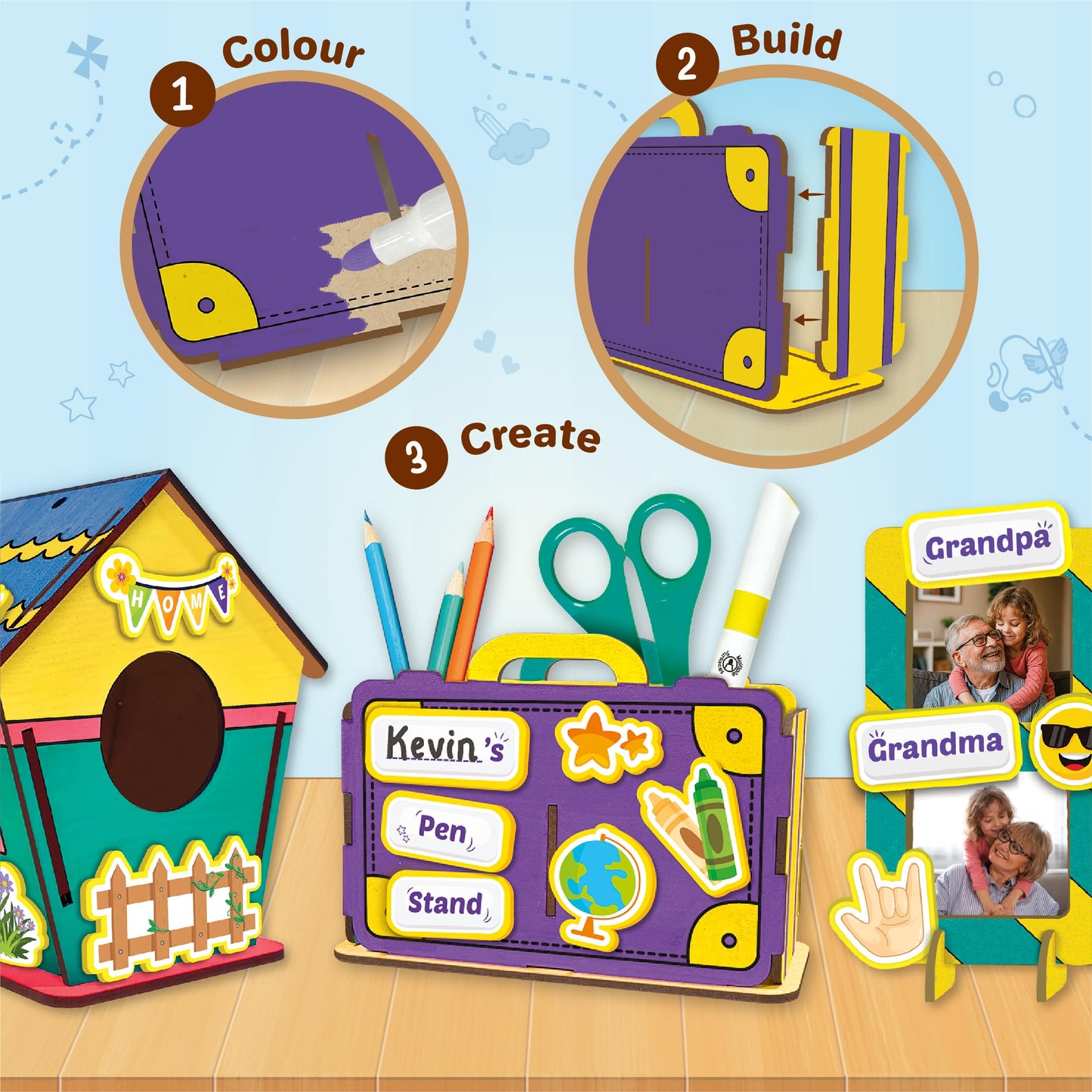 Imagimake DIY Wood Art Mega Pack | Build Wooden Bird House, 3 Photo Frames & Pen Stand | Wooden Painting Crafts for Kids | 100+ Foam Stickers for Wood Crafts |Boys & Girls Birthday Gifts Age 5,6,7,8,9