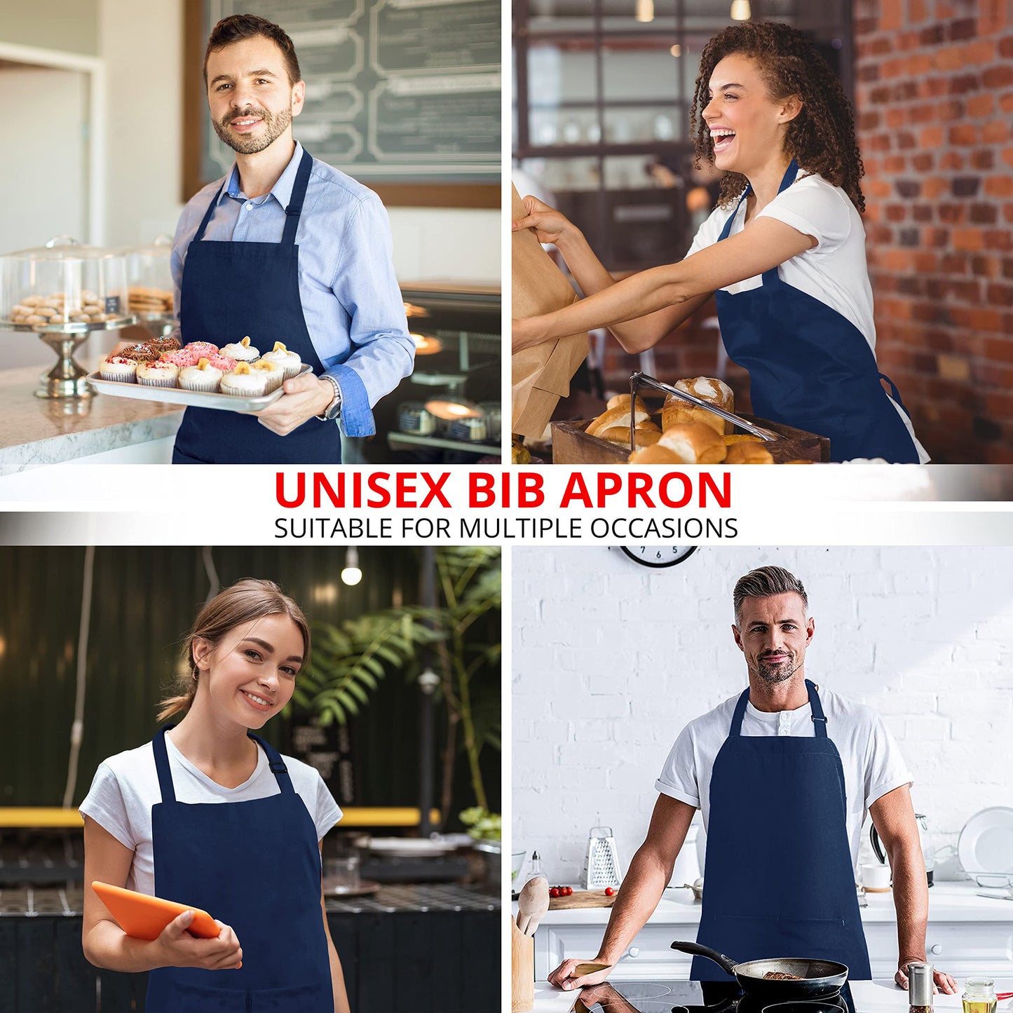Utopia Kitchen 10 Pack Bib Apron, Unisex Adjustable Aprons with 2 Pockets, Waterdrop Resistant Cooking Kitchen Chef Apron for Men Women, Navy