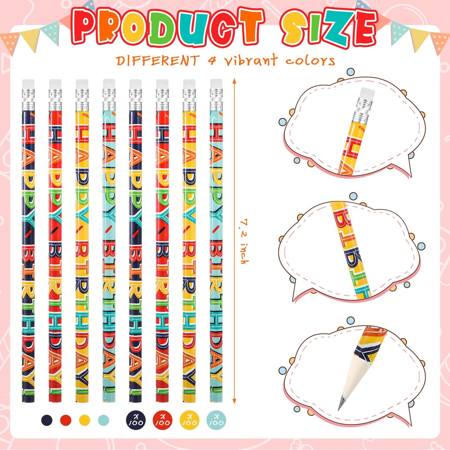 Kosiz 400 Pcs Happy Birthday Pencils Colorful Birthday Pencil Bulk Back to School Wooden Pencils with Top Erasers for Students Teachers Classroom Reward Party Gifts Supplies