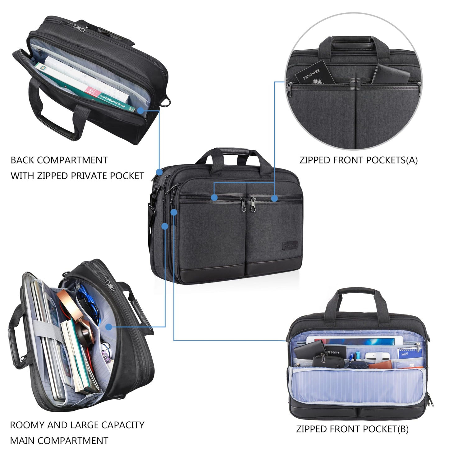 KROSER Laptop Bag Stylish Laptop Briefcase Fits Up to 17.3 Inch Expandable Water-Repellent Shoulder Messenger Bag Computer Bag with RFID Pockets for Business/Travel/College/Men/Women-Black
