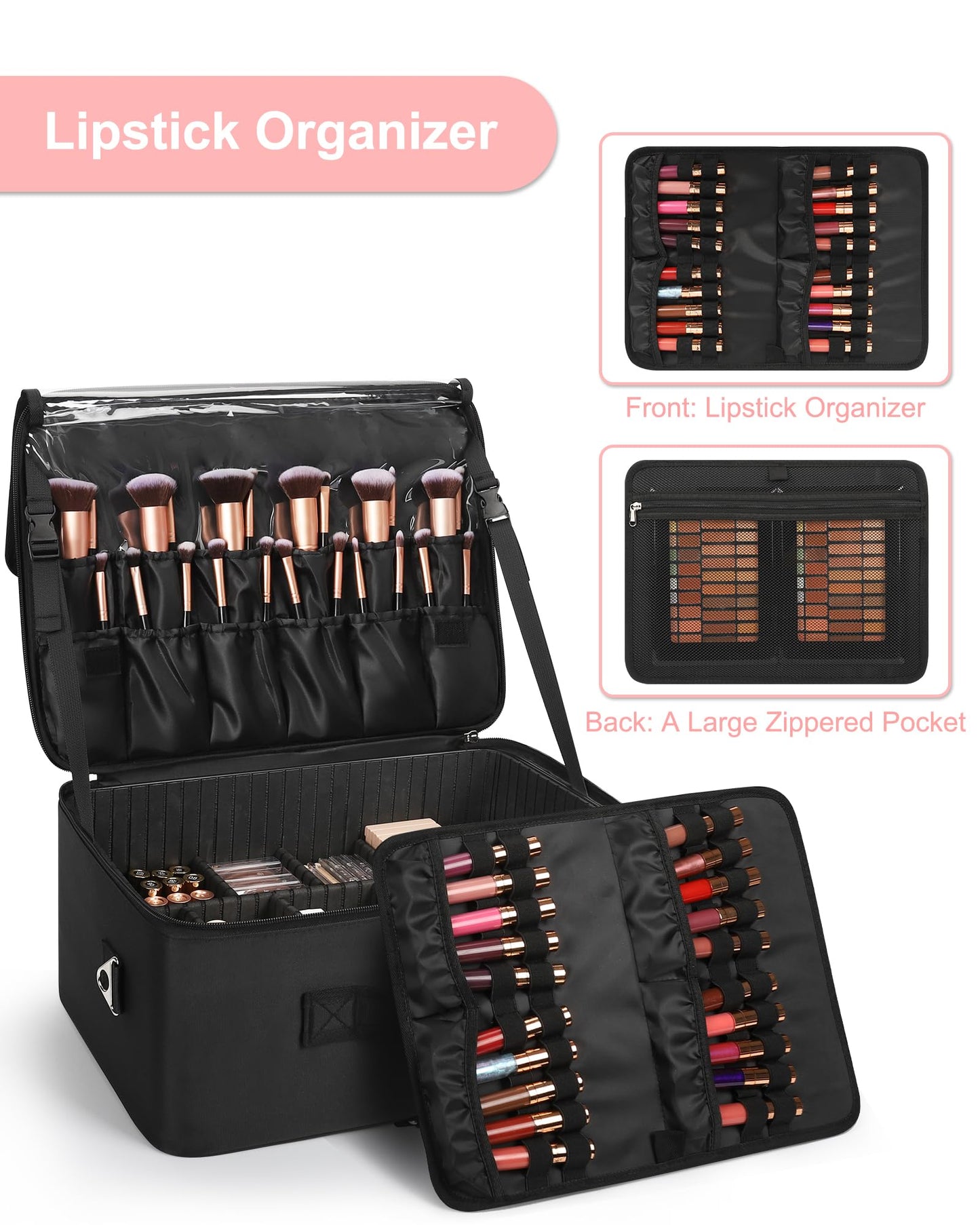 Relavel Extra Large Makeup Case Professional Cosmetic Storage Organizer Box Brush Holder with 4 Clear Set Bags & Lipstick Plate for Makeup Artists with Shoulder Strap & Adjustable Dividers