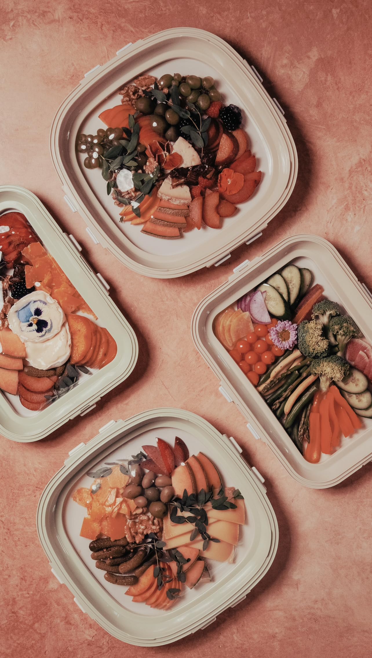 Crudités | Portable Snack Tray | Rectangle 2-Pack | Cream White | Reversible Stretch Lid Food Containers | BPA-Free, Freezer & Dishwasher Safe | Meal-Prep, Charcuterie, Salads, Picnic, Travel