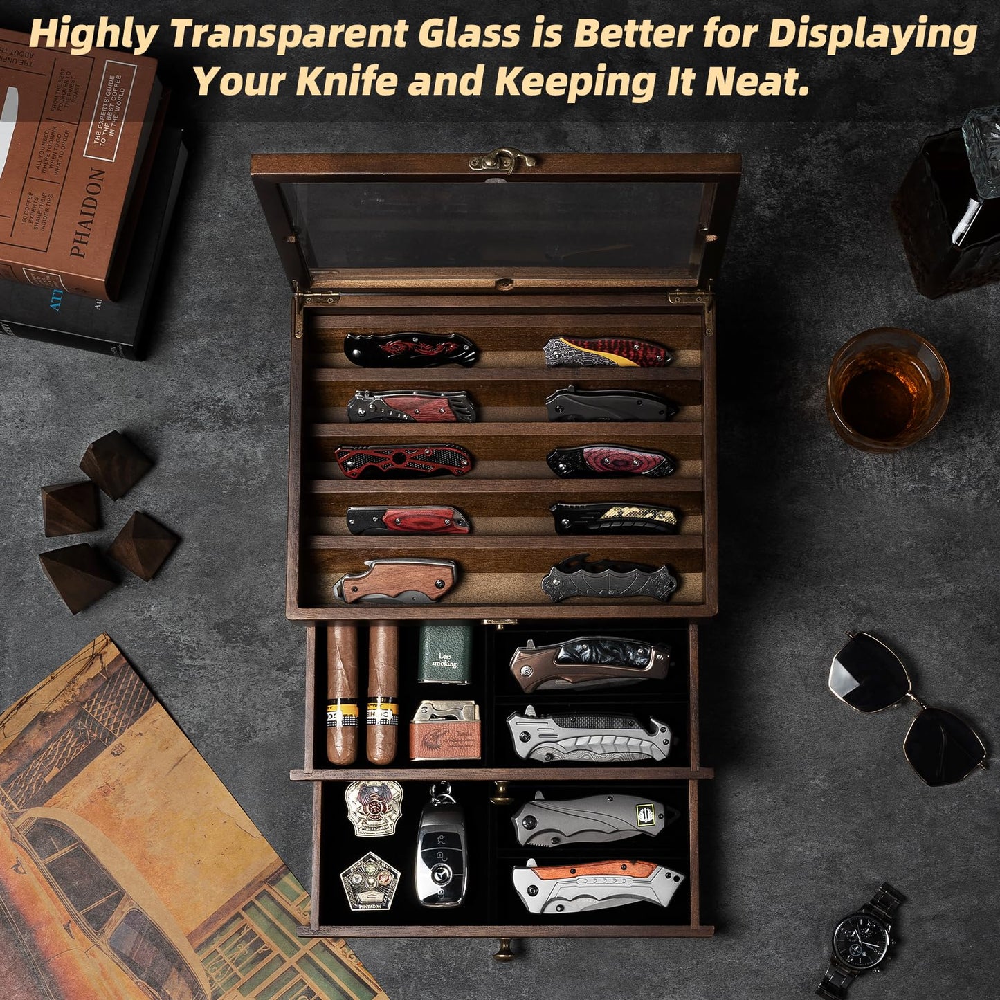amoard Knife Display Case, Knife Collection Display Holder with Glass Lid, 2-Layer Wooden Pocket Knife Case with Drawers
