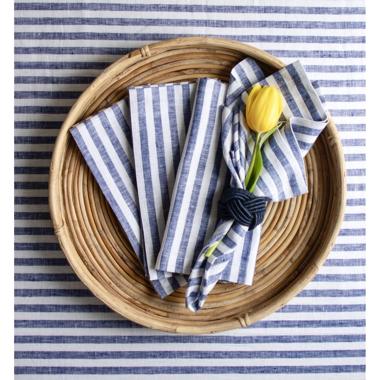Solino Home Linen Napkins Set of 4-100% Pure Linen Amalfi Stripe Navy and White Cloth Dinner Napkins 20 x 20 Inch for Spring, Easter - Handcrafted and Machine Washable