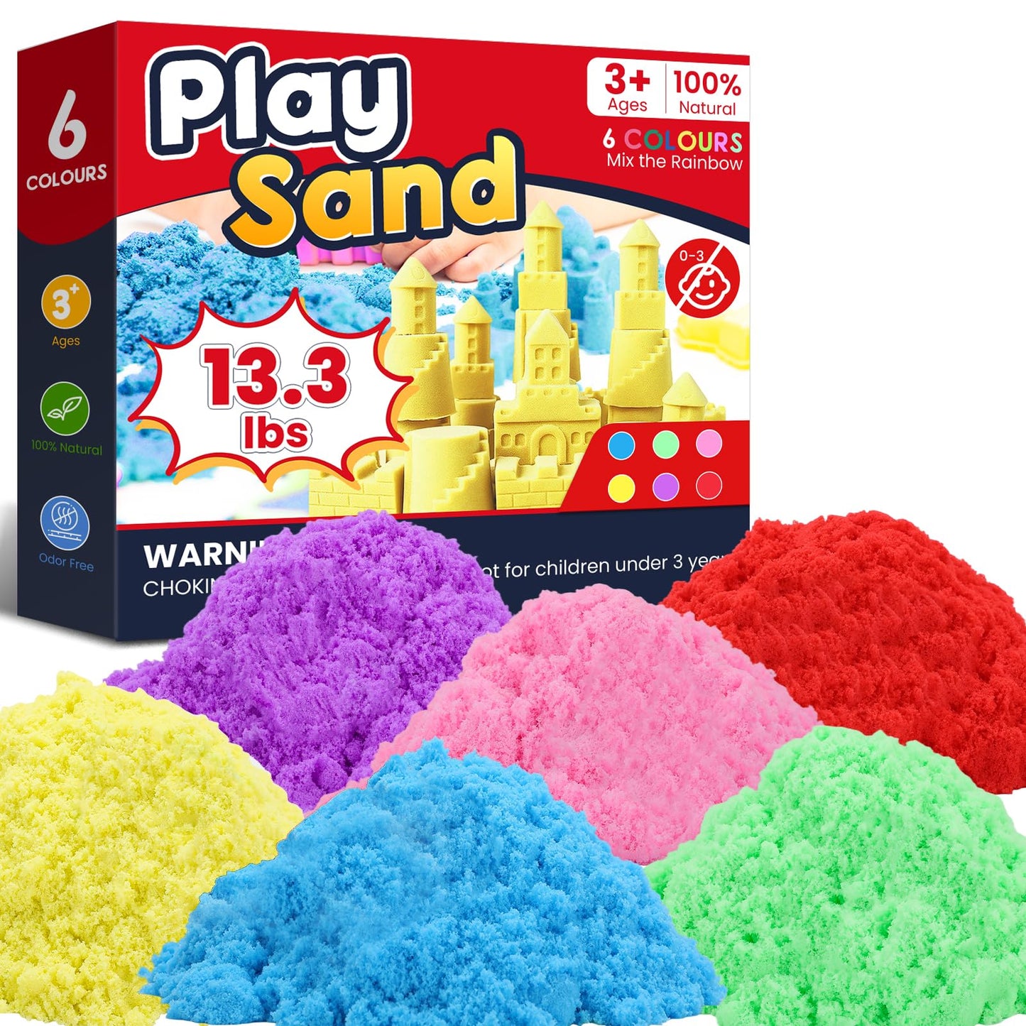 FURWEY 13.3lbs Play Sand,Mixed Packaging of 6-Color Sensory Sand,Suitable for Children to Shaping, Squeezing and Molding
