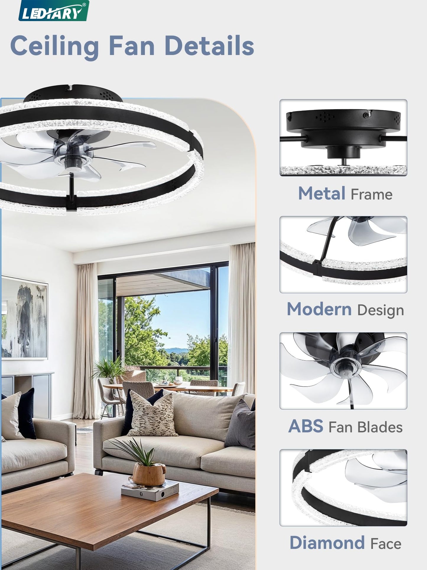LEDIARY Ceiling Fans with Lights and Remote, 20'' Low Profile Ceiling Fan with Light, 3000-6000K Dimmable Fandelier Ceiling Fans, Modern Flush Mount Fan Light for Bedroom with 6 Wind Speeds- Black