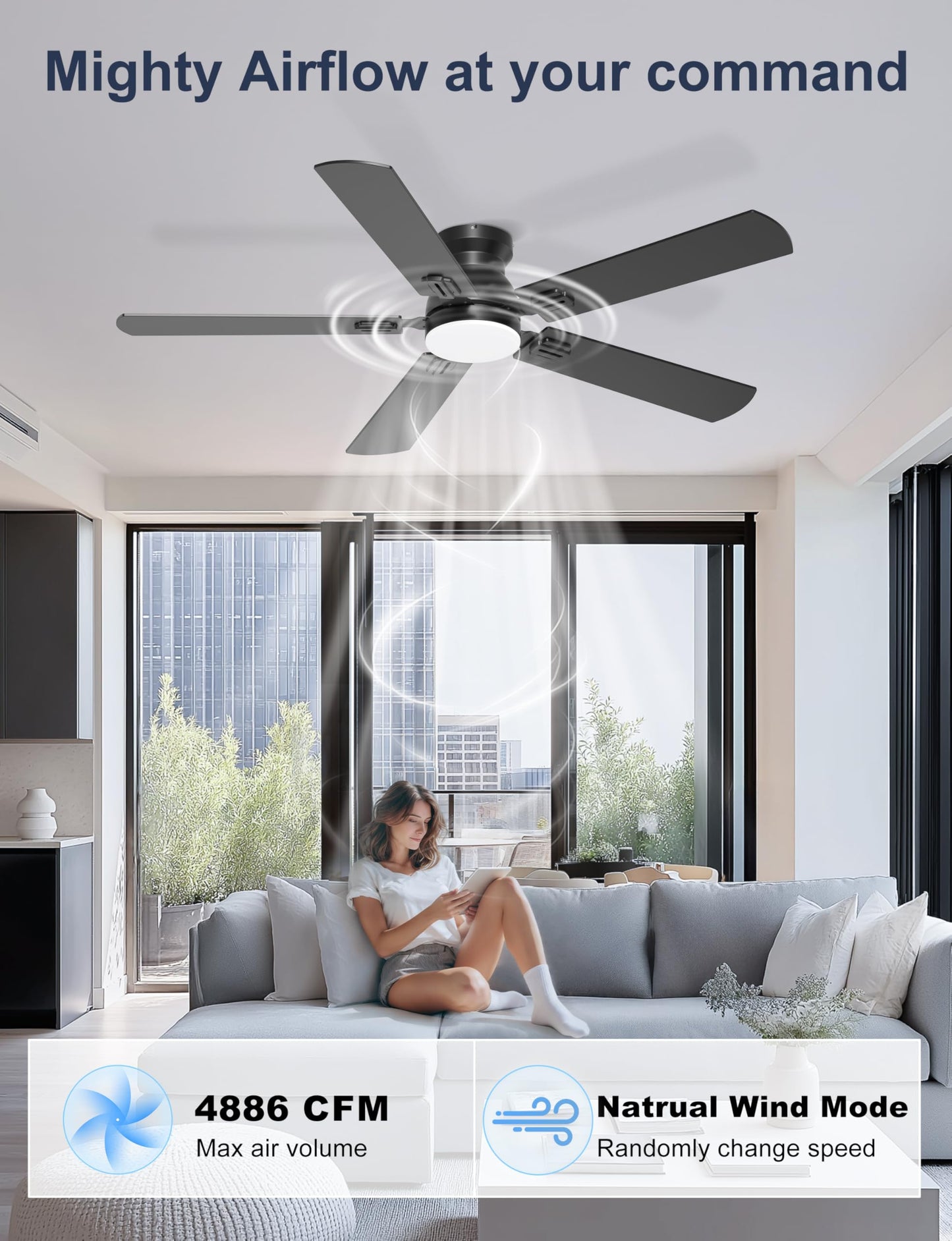 Phylluz 52'' Flush Mount Ceiling Fan with Lights, Space-Saving Low Profile for Low Ceilings, App/Remote Control, Safe Quiet DC Motor for Bedroom Living Room, Dimmable, Black