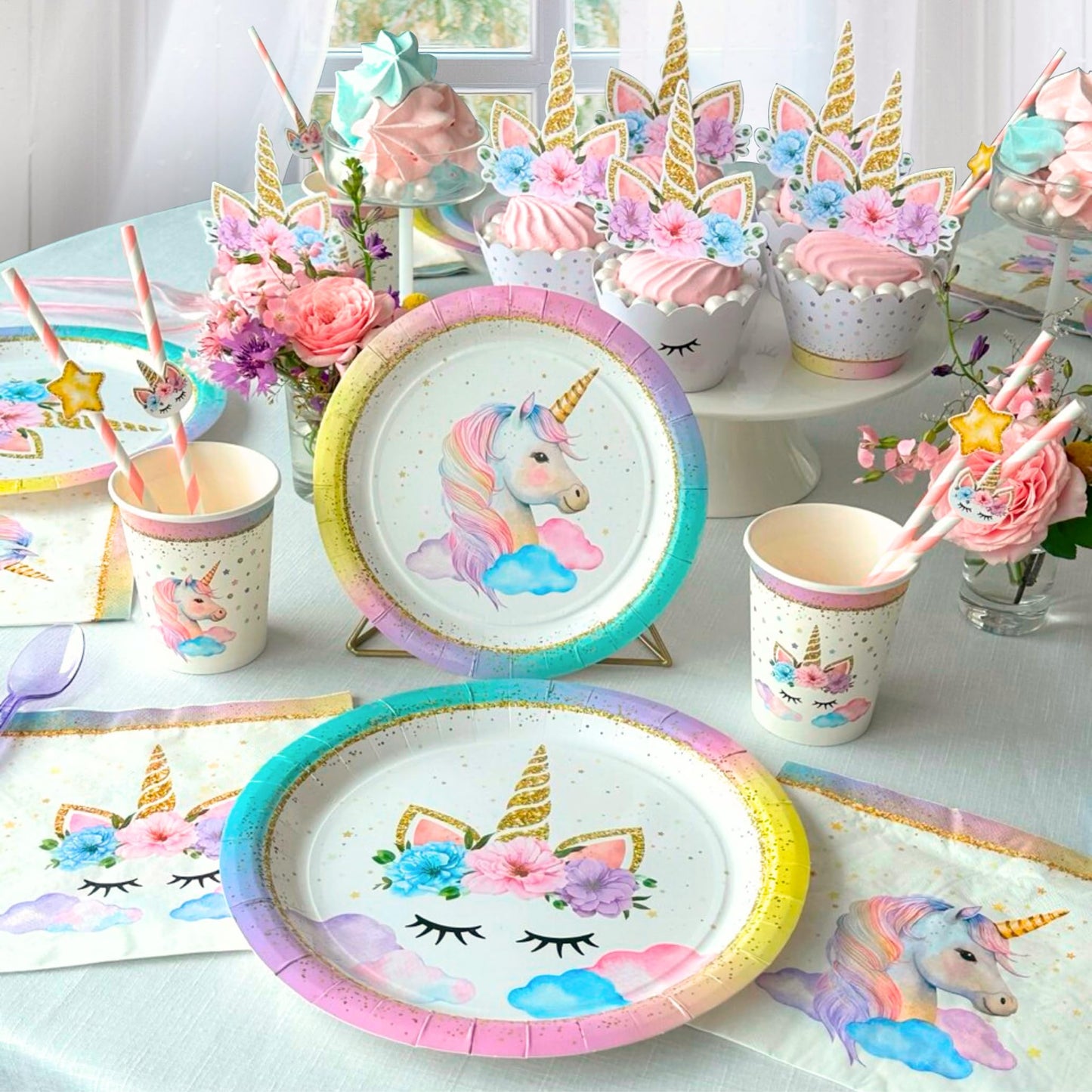 152 Pc Premium Unicorn Birthday Decorations Set for Girls – Complete Unicorn Party Decorations Supplies Kit with Plates, Cups, Napkins, Balloons, Banner, Headband – Magical Rainbow Party for Kids