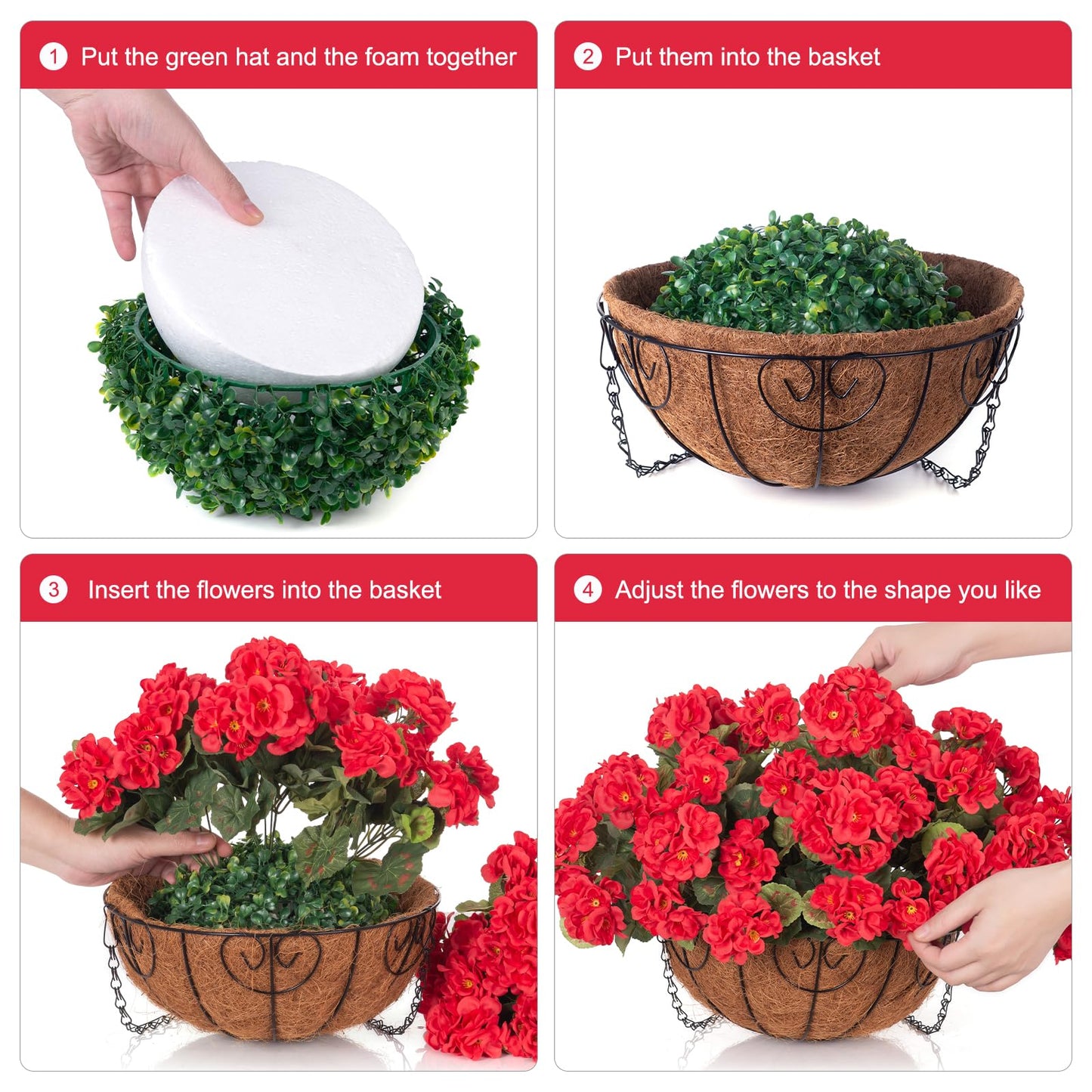 INSPRING Geraniums Artificial Flowers Hanging Basket for Outdoors Outside Spring Decoration, 8 Bundles Silk Flowers Fake Plants Look Real UV Resistant for Porch Home Patio Balcony Yard, Red