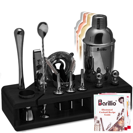 Barillio Black Bartender Kit - Stainless-Steel Cocktail Shaker Set w/Black Bamboo Stand - Mixology Bar Tools w/Drink Shaker, Mixer and Muddler for Cocktails - Home Bar Accessories - 23-Pc Bar Set