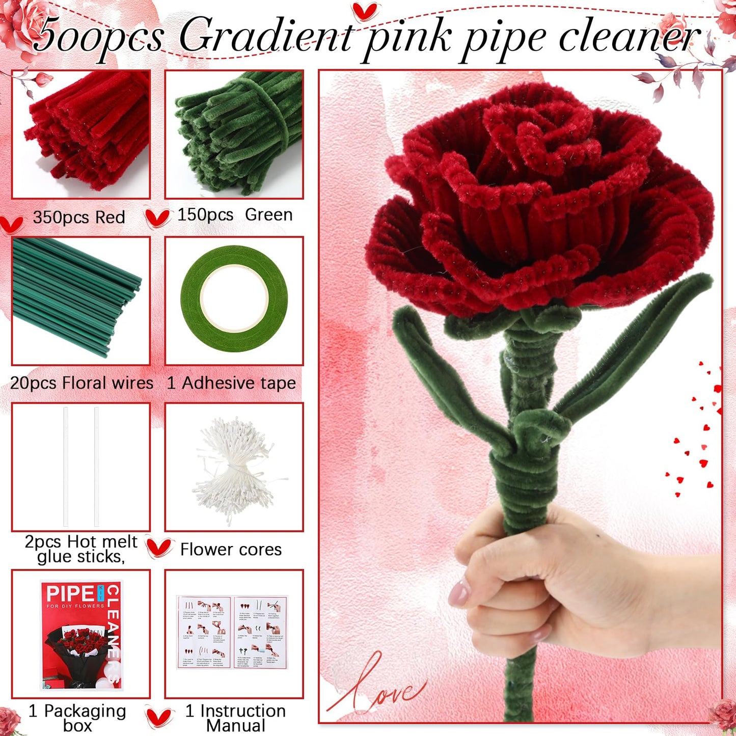DaisyInner 500 Pcs Tulip Pipe Cleaners Flower Making Kit DIY Craft Supplies with Red & Green Chenille Stems, Floral Wires, Stamens, Glue Sticks for Handmade Bouquet, Art Projects, Home Decor