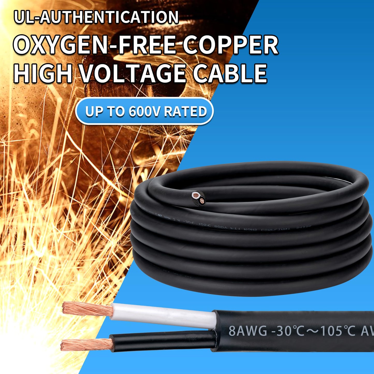 8 Gauge 2 Conductor Electrical Wire 8/2 Wire 100FT 600V 8 AWG 2 Conductor Wire for Motor Leads, Portable Lights, Battery Chargers, Machinery, Large Speakers (8AWG-2C, 100FT)
