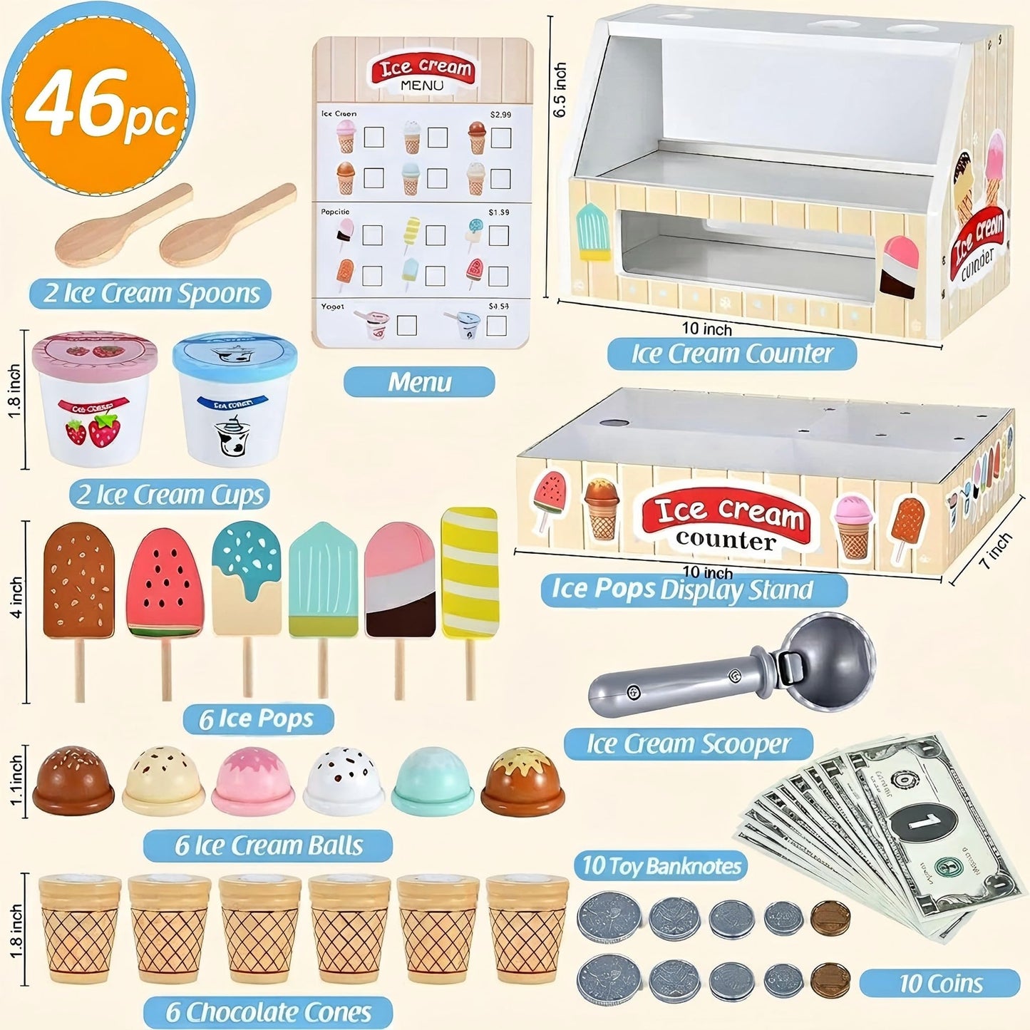 WHOHOLL Wooden Ice Cream Counter Playset for Toddler Girl Toys, 45 Pcs Play Store Pretend Toy Food Play Kitchen Accessories with Scoop & Fake Money, Christmas Birthday Gifts for 3 4 5 6