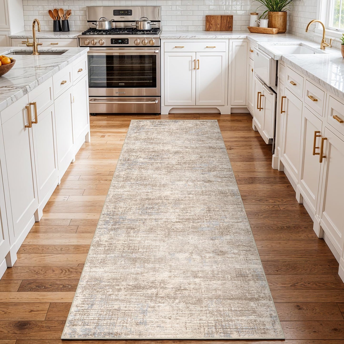 3x10 Hallway Washable Runner Rug - Non-Slip Kitchen Rugs with Rubber Backing Abstract Low-Pile Carpet Runners for Laundry Room Home Decor Bedroom Bathroom Entryway (Ivory Beige Distressed,3x10)
