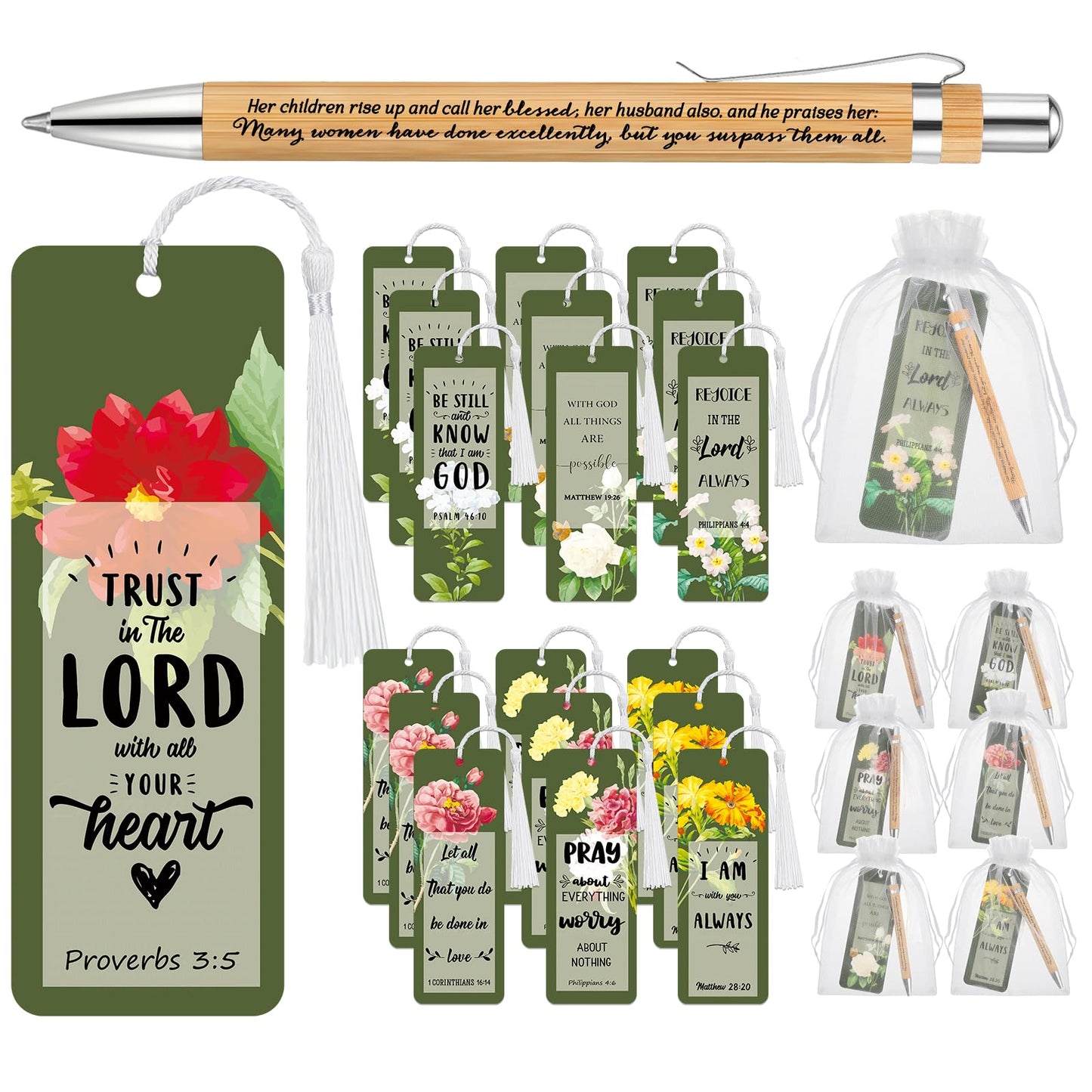 Spakon 100 Sets Mother's Day Church Gifts Bible Verse Bookmarks Inspirational Bamboo Pens Gift Bags Mom Christian Gifts Bulk Religious Mothers Day Party Favors