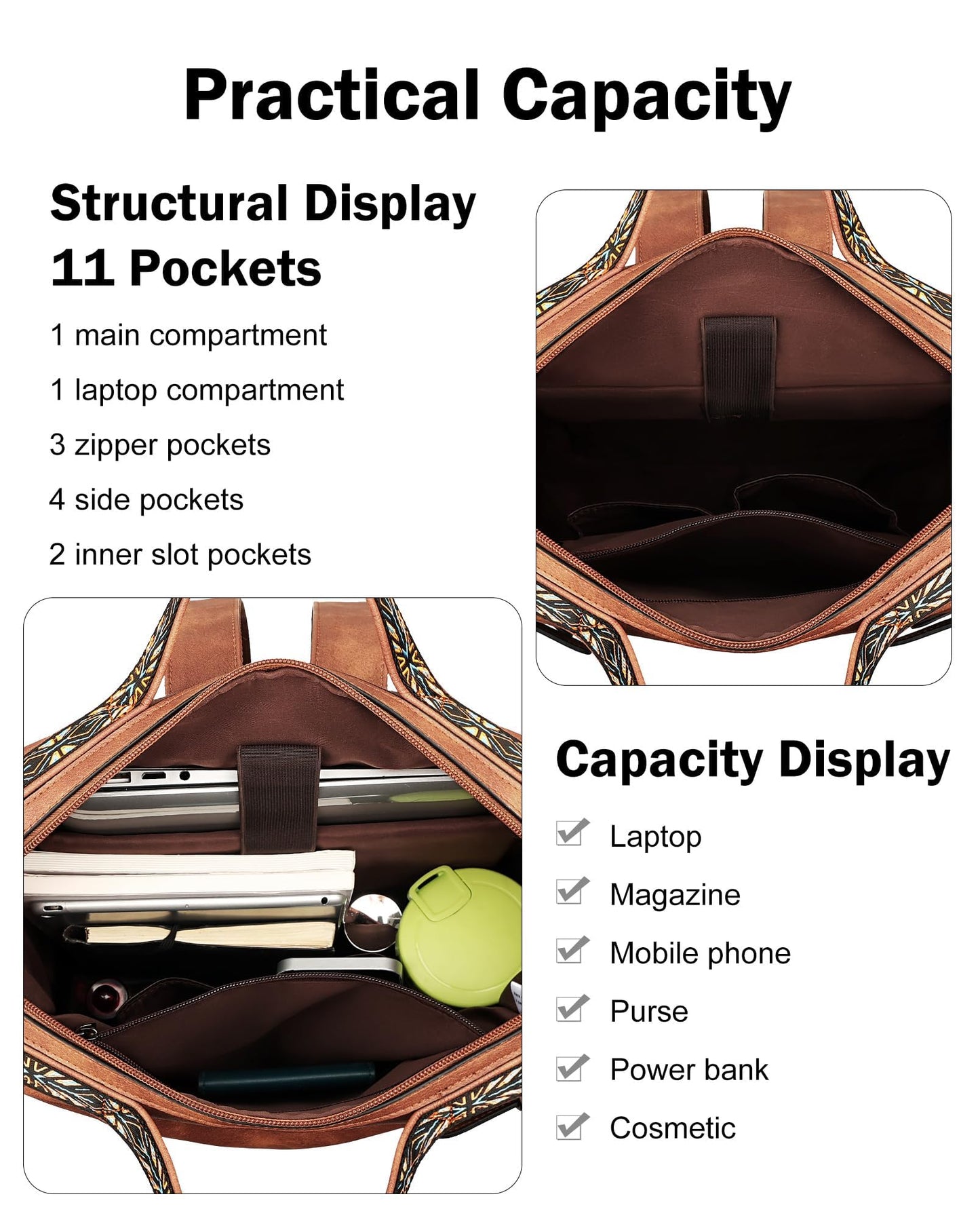 FADEON Leather Laptop Backpack for Women, Designer Ladies Work Travel Computer Backpack with Laptop Compartment Purse Brown