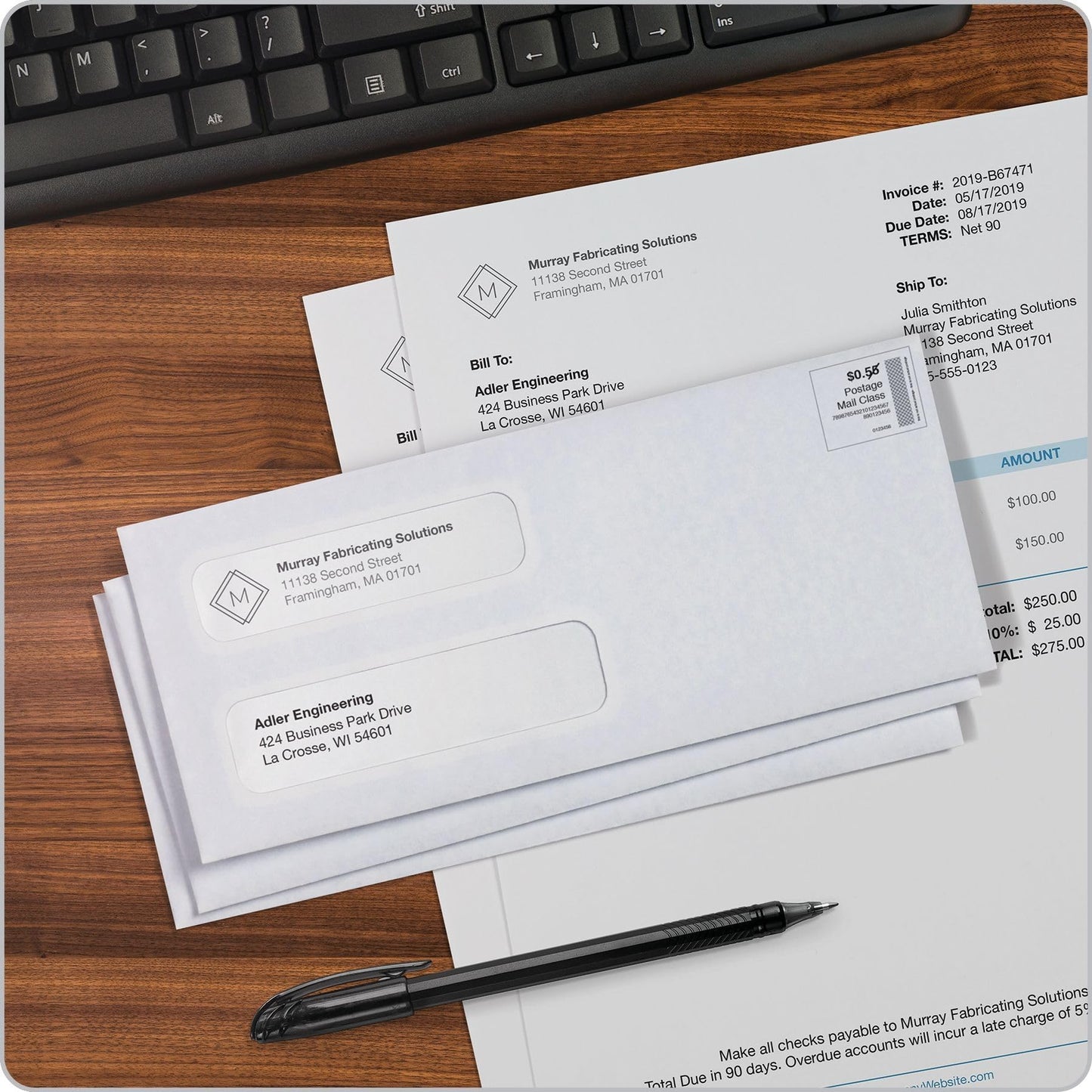 Quality Park® #8-5/8 Double Window Envelopes, Security Tint Envelopes, 3-5/8 x 8-5/8, Gummed, 24 lb White Paper, Side Seams, 500 per Box (QUA24532)