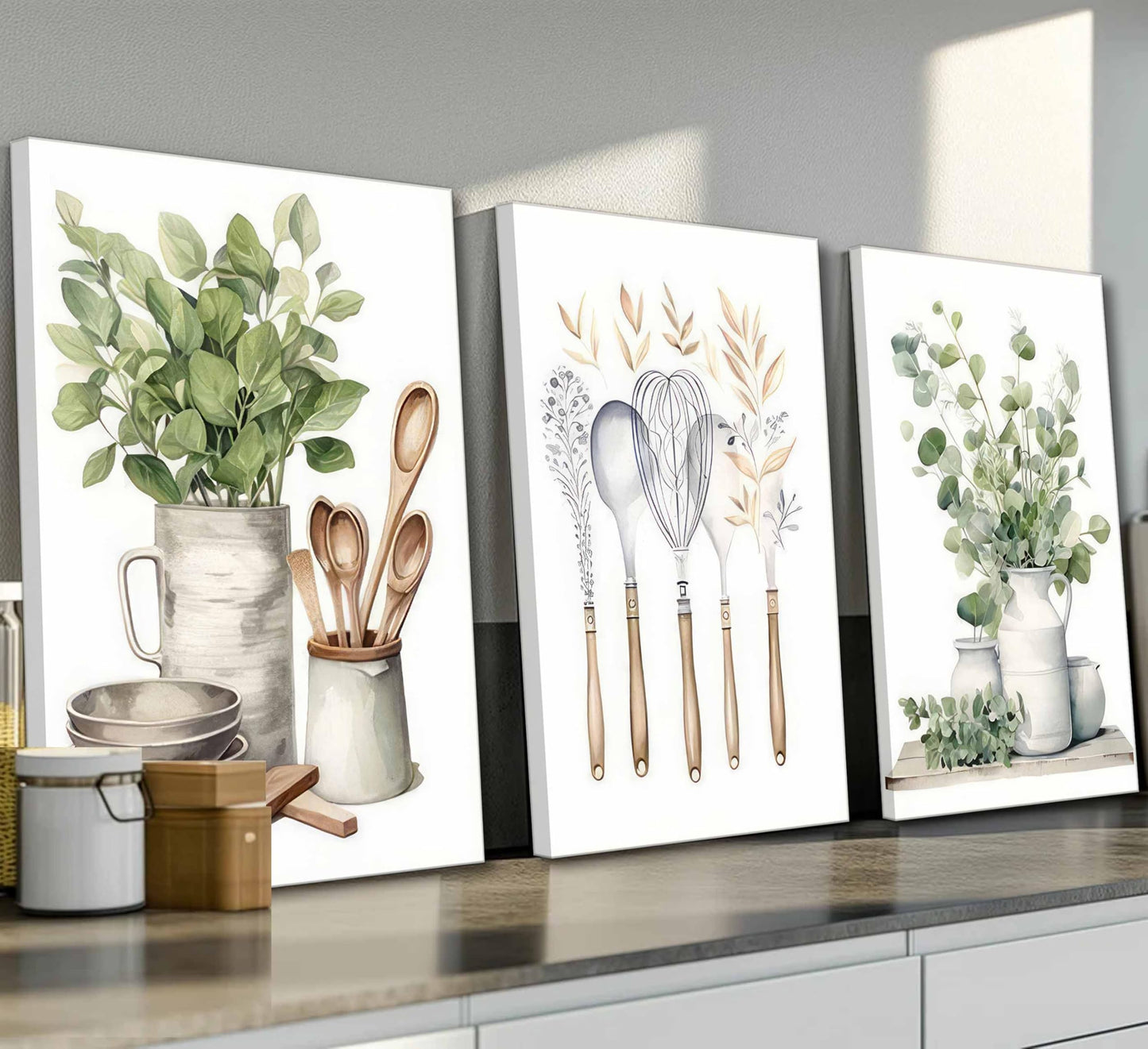 3 Pcs Sage Green Farmhouse Kitchen Canvas Wall Art Minimalist Dining Room Eucalyptus leaves plant Painting Pictures Wall Decor Poster Print Artwork For Dining Room kitchen Home Decoration
