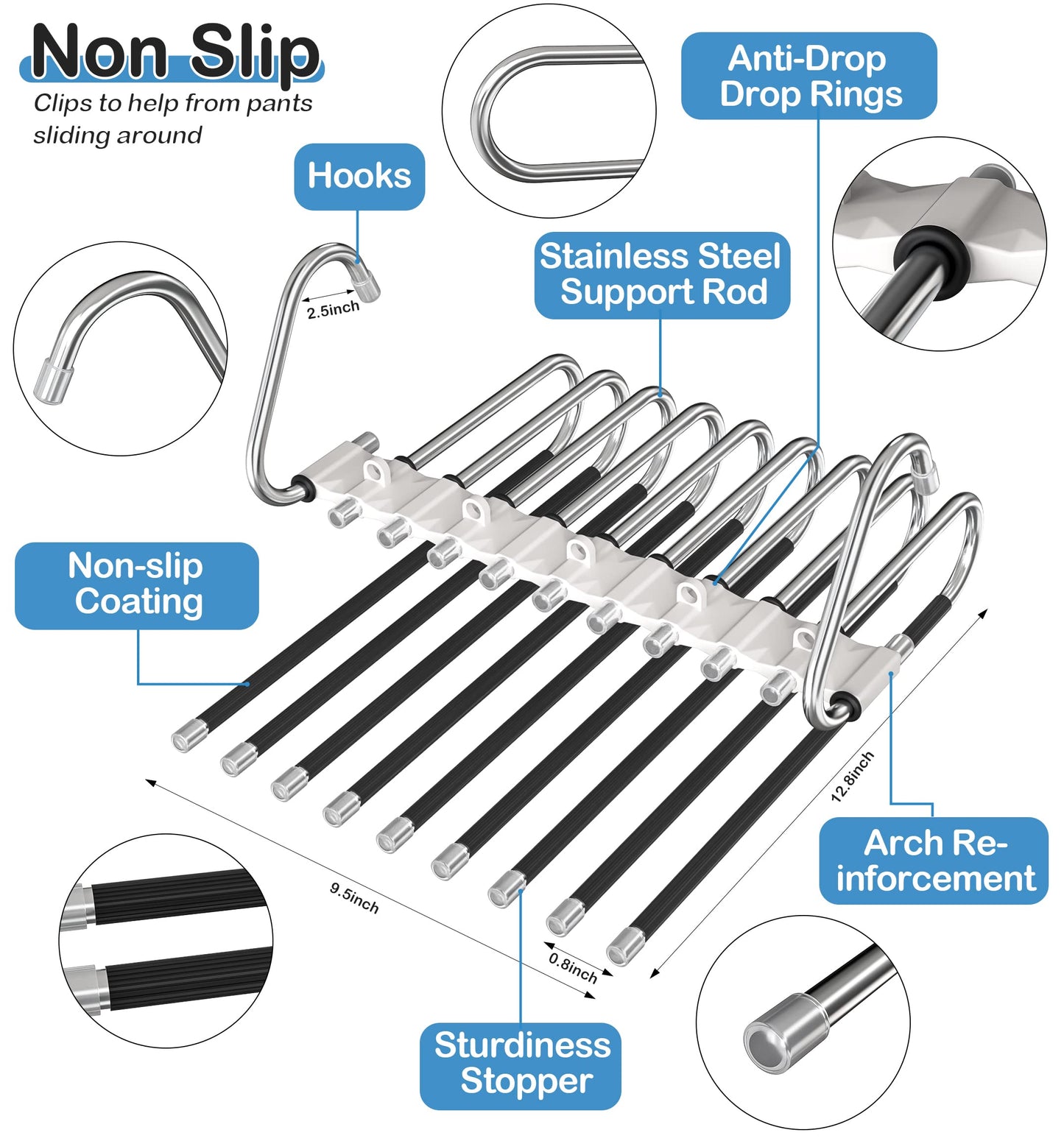 Upgrade 9 Layers Pants Hangers Space Saving, Non Slip Stainless Steel Multifunctional Pants Rack S-Type Clothes Pant Closet Hanger Organizer for Pants Jeans Trousers Scarf Skirts(4 Pack, Antiquewhite)