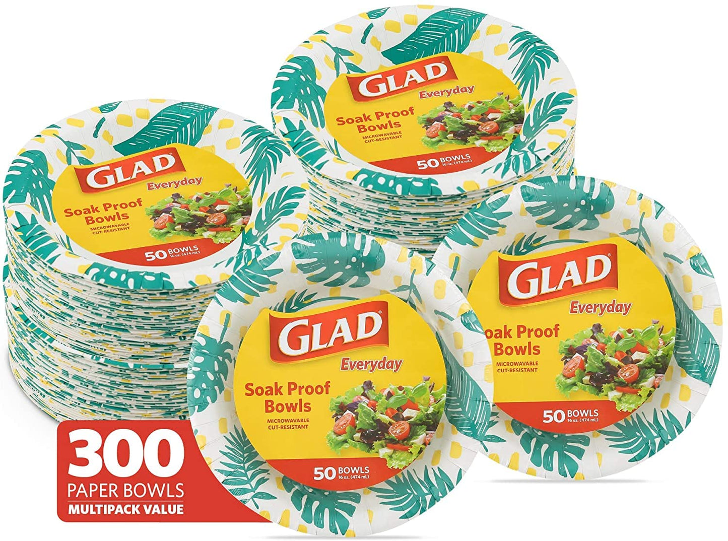 Glad Soak-Proof Palm Leaves Paper Bowls, Heavy-Duty Round Disposable Bowls for Soup, Salad and Snacks, Cut-Resistant and Microwave Safe for Daily Meals, Picnics and Parties, 16 Oz, 50 Count - 6 Pack