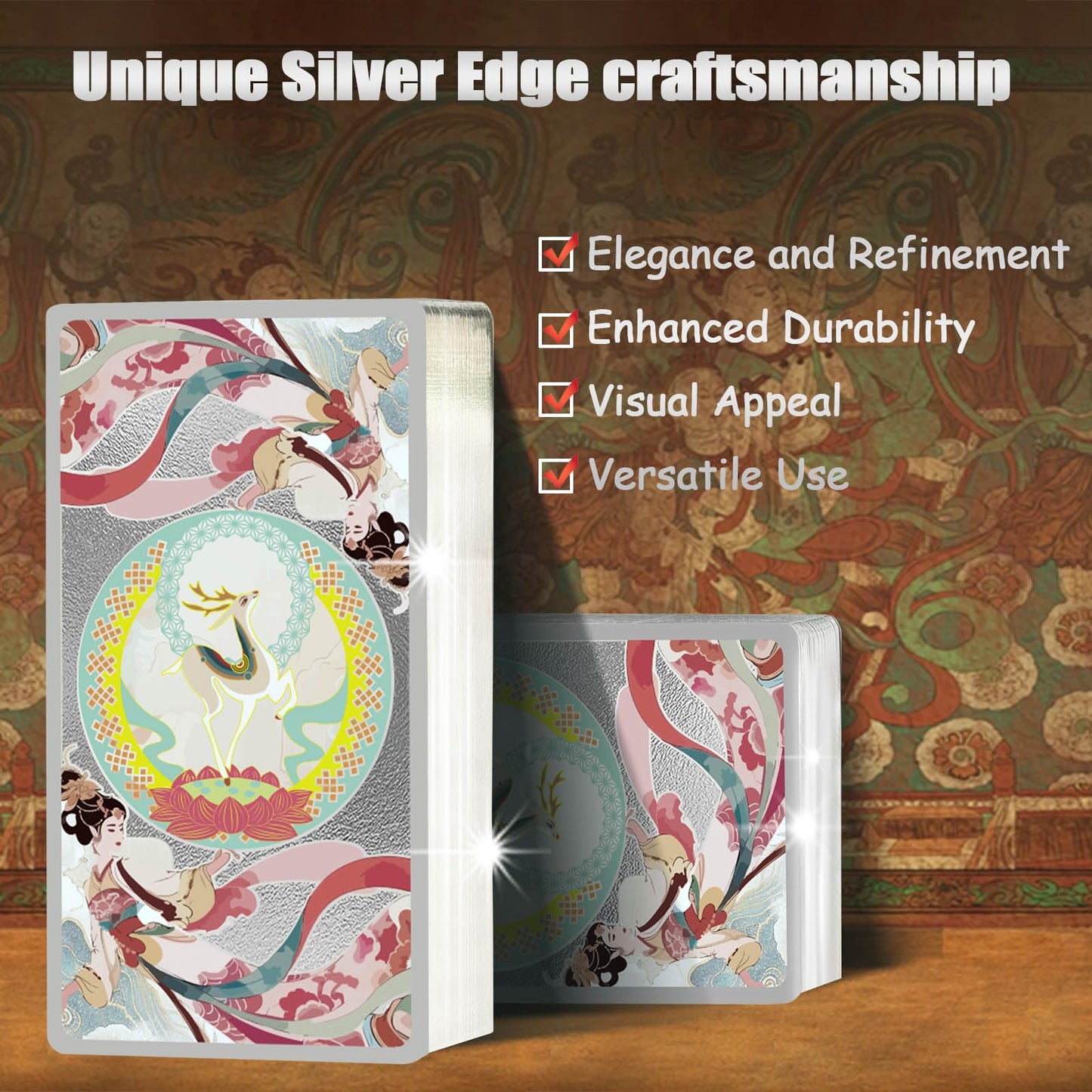 Ben Niu Feitian Oriental-Inspired Waterproof Clear Playing Cards Box – PVC Clear Deck, Shimmering Gold/Silver Edges, Unique Collectible for Game Nights, Pool Parties(Silver)