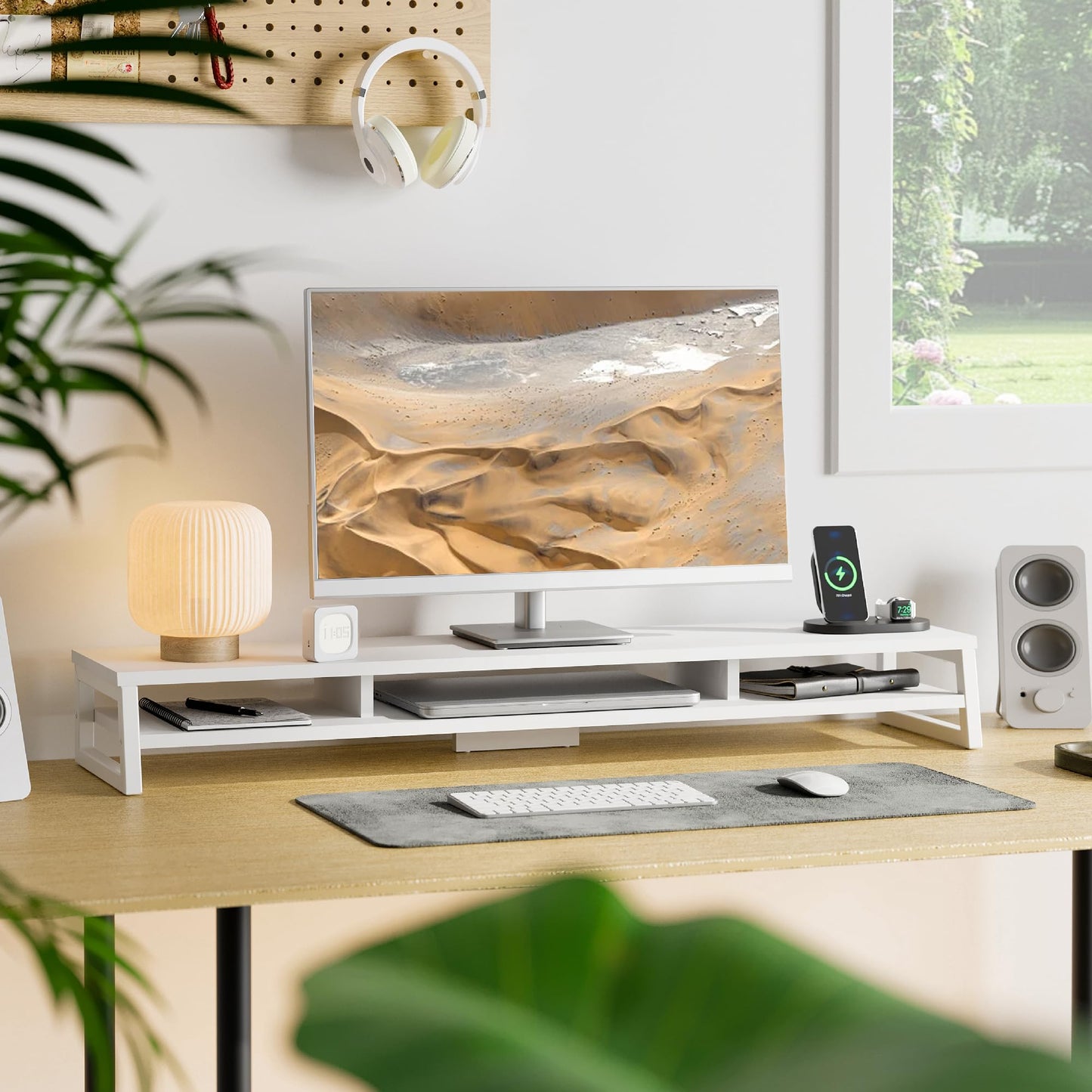 Fenge Dual Monitor Stand for Desk, 42.5in Large Monitor Riser for 2 Monitors, 2 Tier Computer Office Desk Top Shelf, Desktop Storage Stand for Laptop, PC, Computer, Printer