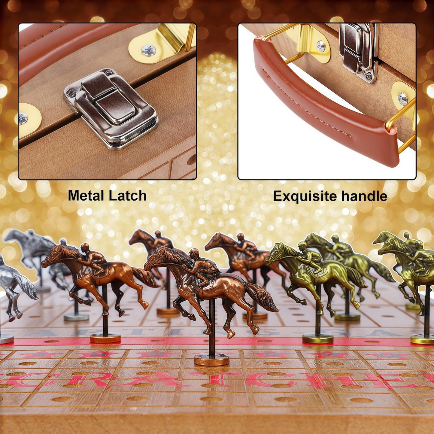 Glintoper Large 21" Horse Racing Game for Adults Family, Horse Race Board Games with 11 Luxury Metal Horses, Foldable Wood Board with 2 Dices 2 Boxes of Cards 40 Poker Chips Finish Line for Parties