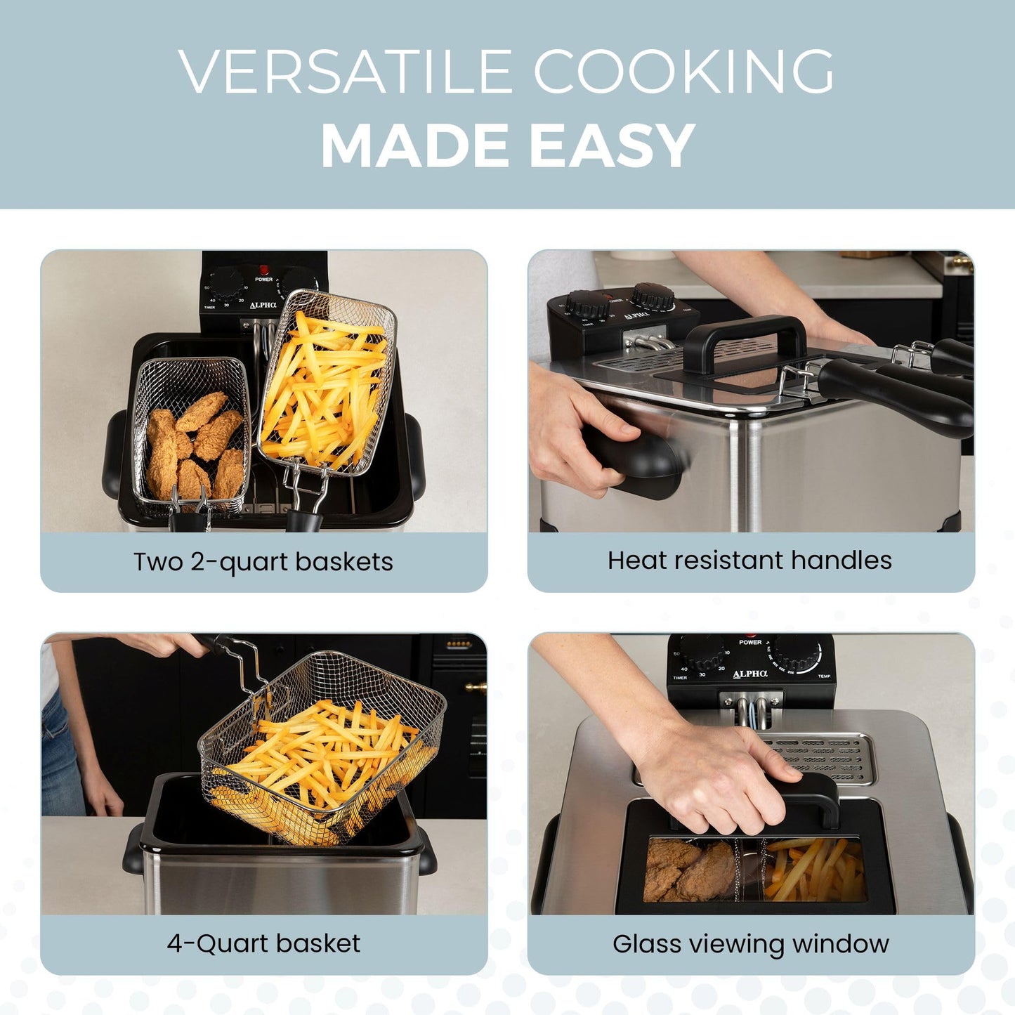Alpha Living Electric Deep Fryer – 4.5L Deep Fryer with Basket with 2-Quart and 4-Quart Baskets – High-Grade Stainless Steel – Temperature Control and Timer – Ideal for Fried Chicken, Fries