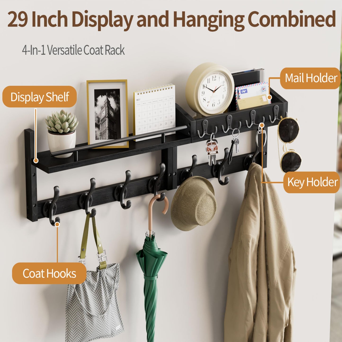 Segtenant 29 inch Coat Rack Wall Mount with Shelf, Heavy Duty Coat Hooks Wall Mount, Entryway Coat Hanger Wall Shelf with Key Holders and Mail Organizer for Living Room, Bedroom, Bathroom, Black