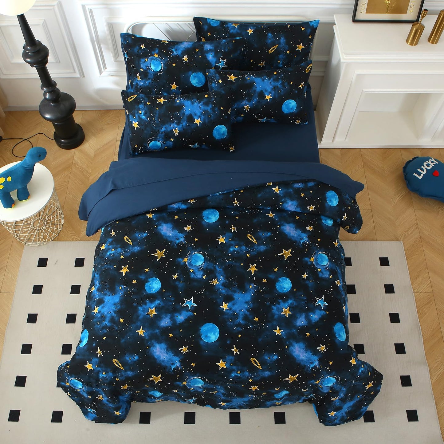 Aqzuxira Glow in The Dark Kids Comforter Set, 5 Pieces Blue Space Bedding Set Twin Size for Boys Girls Teen, 1 Comforter, 1 Pillowcase, 1 Pillow Sham, 1 Flat Sheet, 1 Fitted Sheet