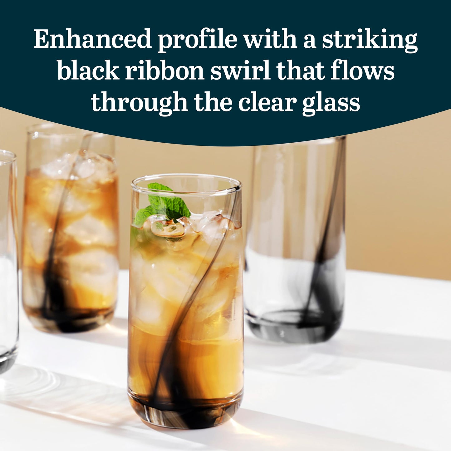 Libbey Black Ribbon Drinking Glasses Set of 8, 16 Oz Sleek Ribbon Accent Drinking Glass Cups, Durable Water Glasses Set for Soft Drinks, Iced Tea