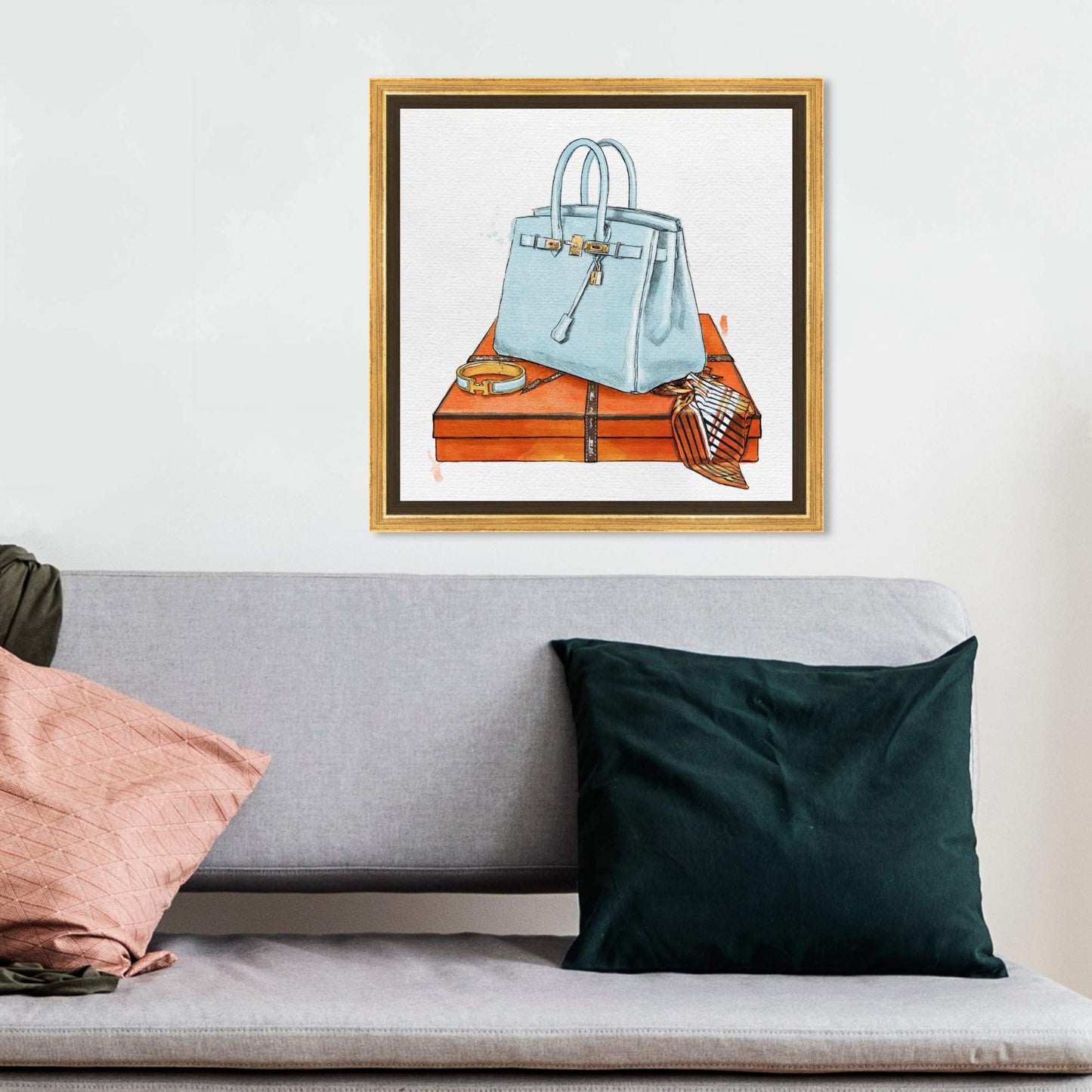 The Oliver Gal Artist Co. Fashion and Glam Framed Wall Art Canvas Prints 'My Bag Collection I' Handbags Home Décor, 12 in x 12 in, Gold Floater