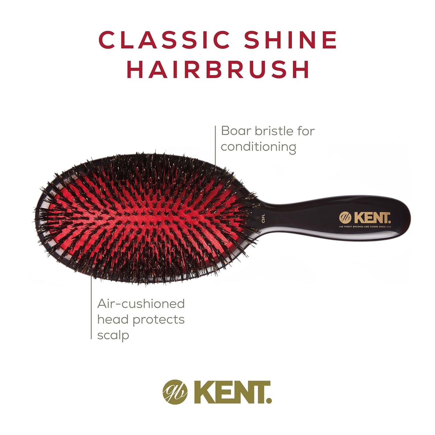 Kent CSFL Classic Shine Large Oval Cushion Straightening Brush and Hair Detangler - Natural Black Boar Bristle Hair Brush - Shine Hair Brush and Scalp Scrubber for Long Thick Hair + Hairbrush Cleaner