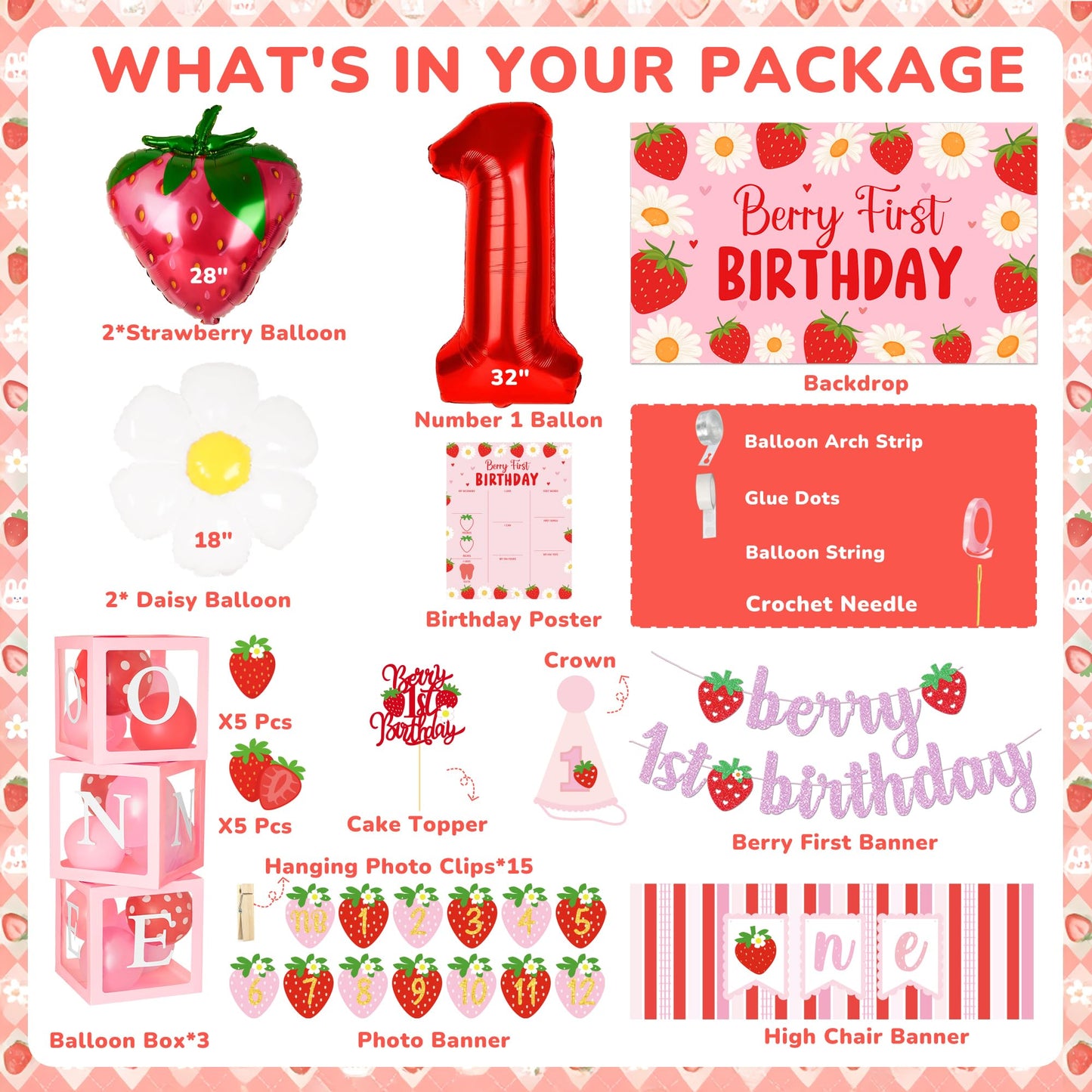 Kriyokiaa Berry First Birthday Decor Strawberry 1st Birthday Decorations for Girls, Sweet One Girls Birthday Party Supplies Strawberry Theme Backdrop Party Decor