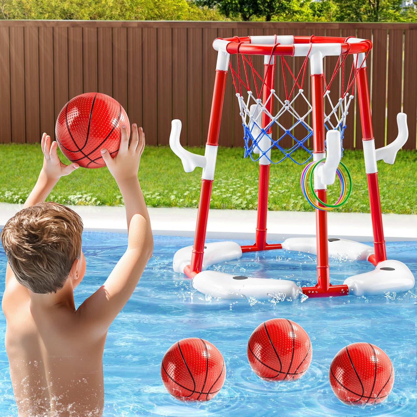 JUKUDAHU - Pool Basketball Hoop Toy for 2 3 4 5 6 Year Old Boys Floating Basketball Toy with 4 Air Pump Balls Outdoor Play Summer Water