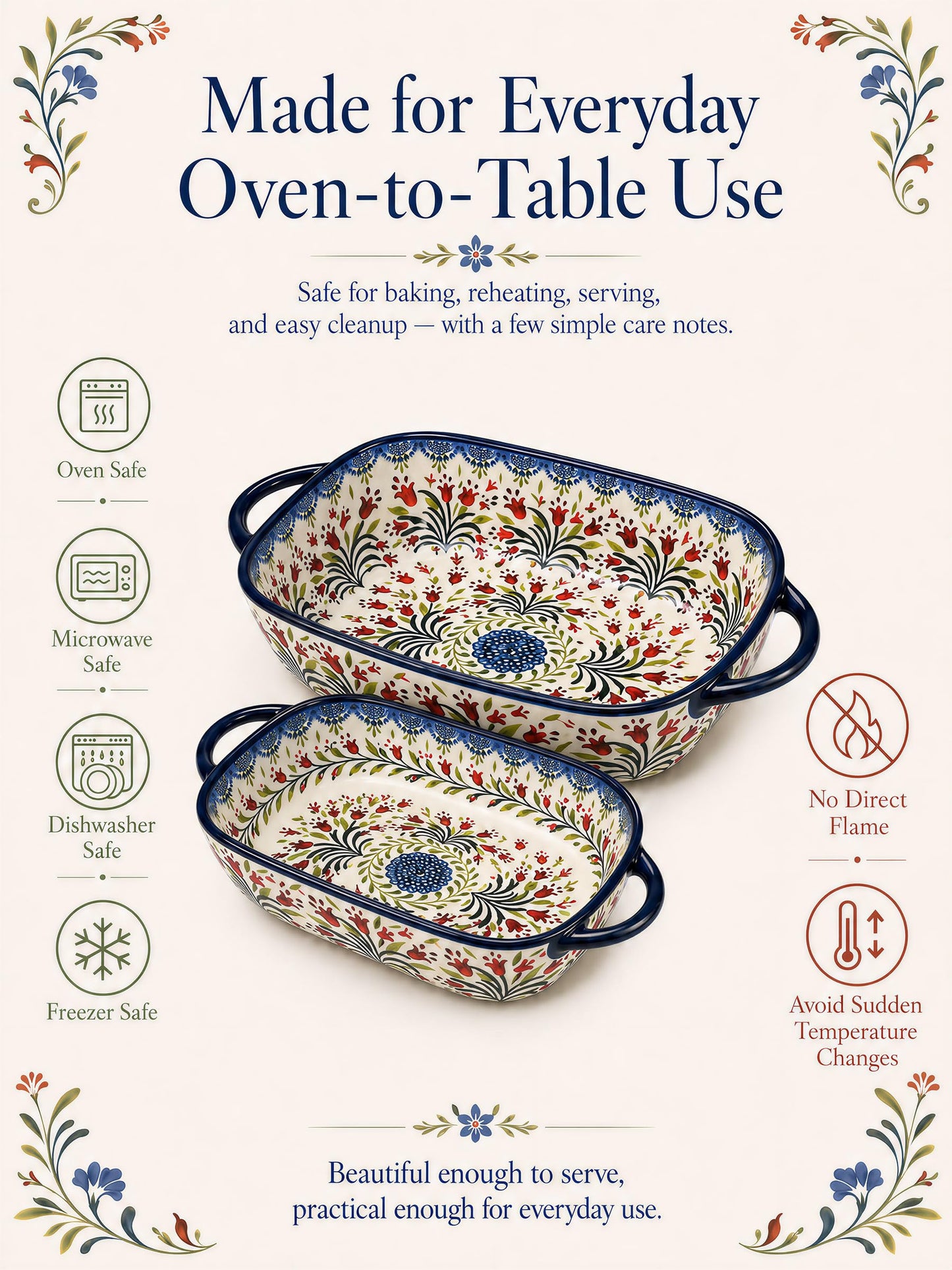 Polish Pottery Style Ceramic Baking Dish Set, 2-Piece Large & Small Casserole Bakers for 2–3 People, Floral Oven-to-Table Bakeware, Microwave & Dishwasher Safe, Gift-Ready with Protective Packaging
