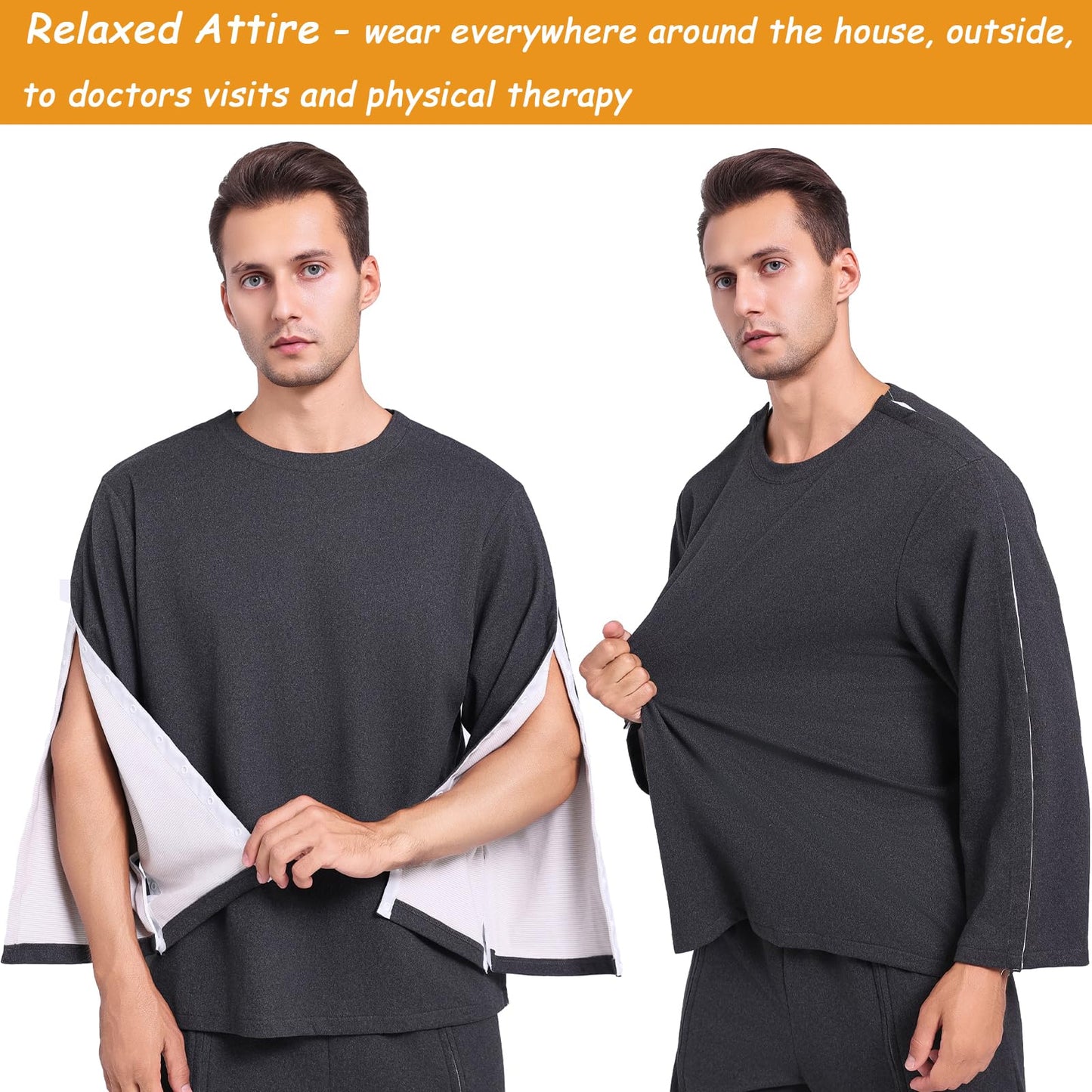 Fleece Dralon Snap On Off Post Shoulder Surgery Shirts Men Chemo Shirts for Port Access Crewneck Tear Way Rehab Recovery T-Shirt with Right & Left Side Full Arm Open Dialysis Clothing