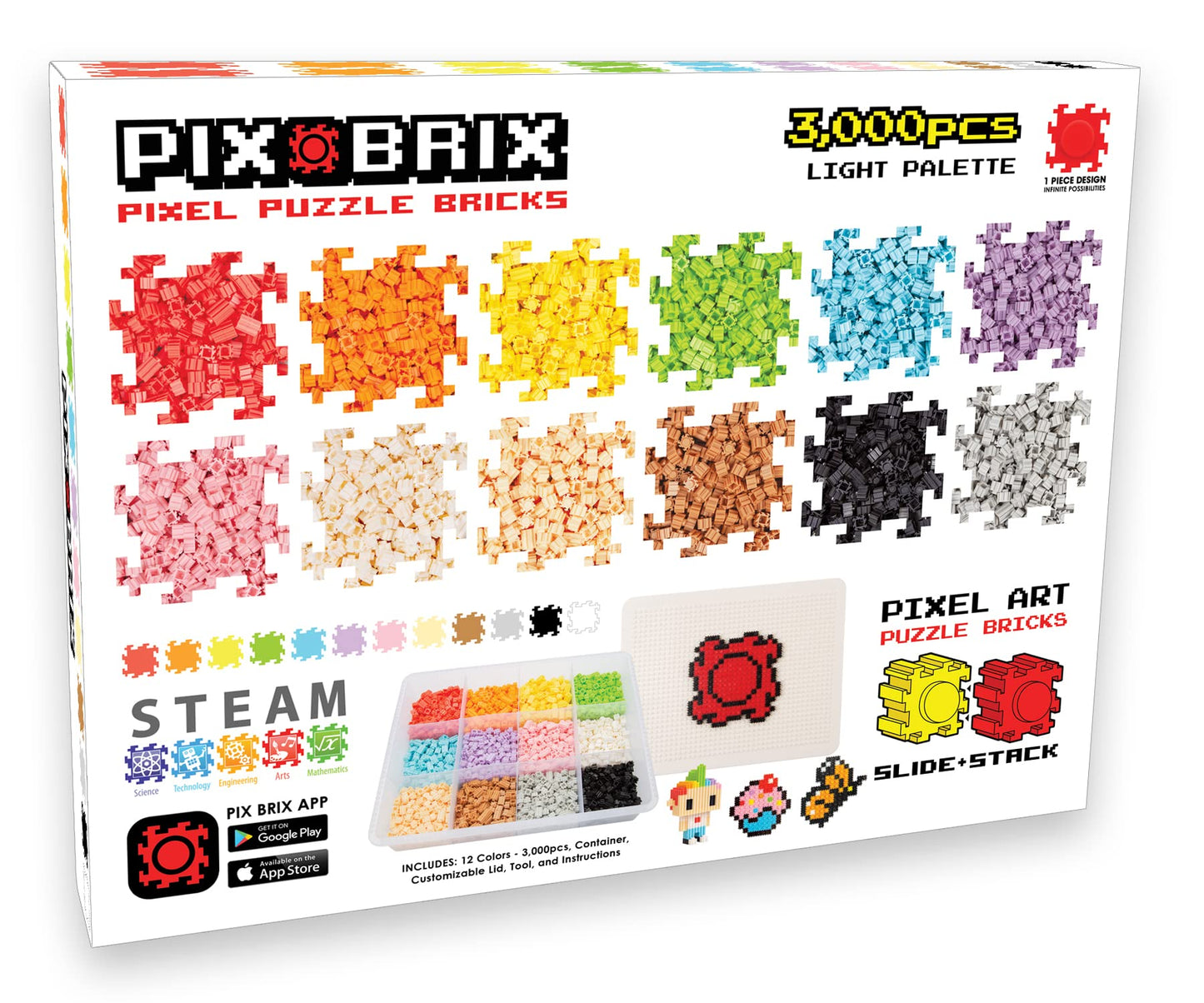 Pix Brix Pixel Art Puzzle Brick Set - 3,000 Piece Pixel Art Container, 12 Color Light Palette, Interlocking Building Bricks, Create 2D Builds and