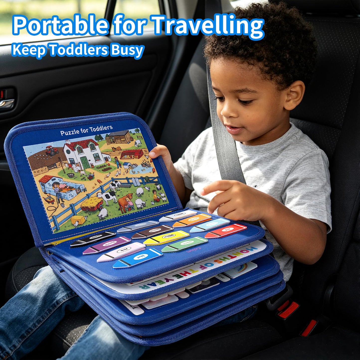 Toddler Busy Board Montessori Toys, 12-Page Busy Book, Quiet Educational Activity Book, Learning Sensory Toys for Motor Skills, Travel Toy for Car Airplane, Birthday Gifts for Boy Girl Kids (Blue)