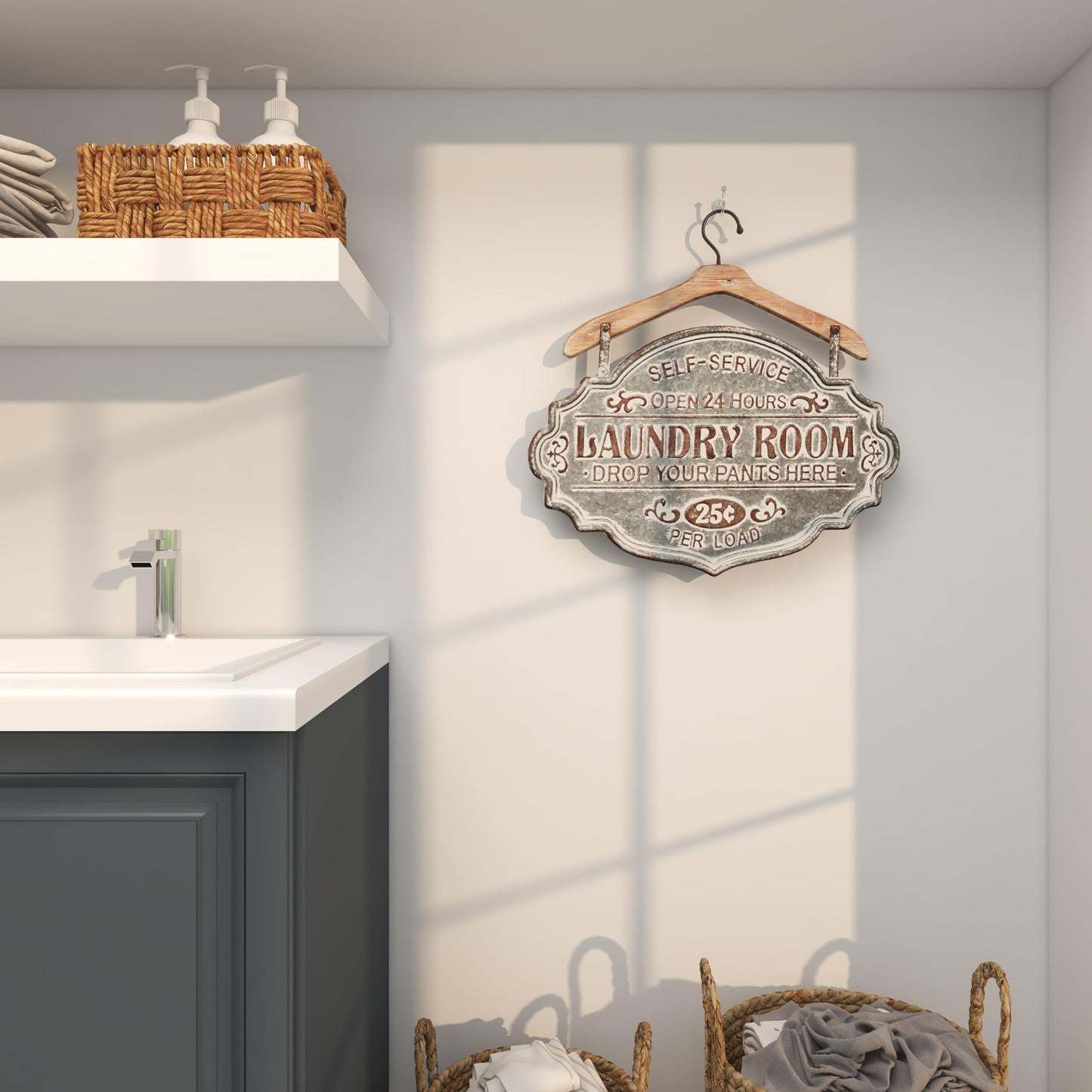 Deco 79 Metal Sign Home Wall Decor Laundry Room Wall Sculpture with Brown Wood Hanger, Wall Art 22" x 1" x 22", Gray