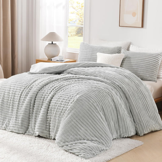Andency Fluffy King Size Duvet Cover, Gray Striped Plush Microfiber Fleece Comforter Cover, Ultra-Soft Lightweight Bed Set, 3 Piece Warm Faux Fur Bedding for All Season, Two-Way Zipper