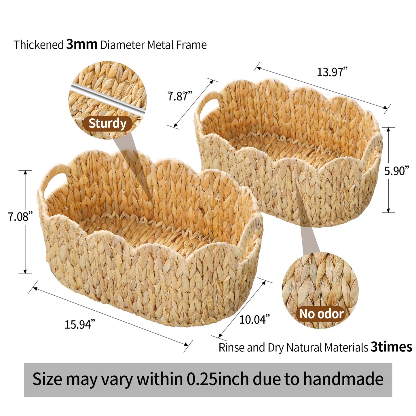 Coeusy Scalloped Basket,Water Hyacinth Basket for Organizing and Decor,Hand-Woven Rattan Baskets with Built-In Handles for Living Room,Bedroom,Laundry,2 Pack