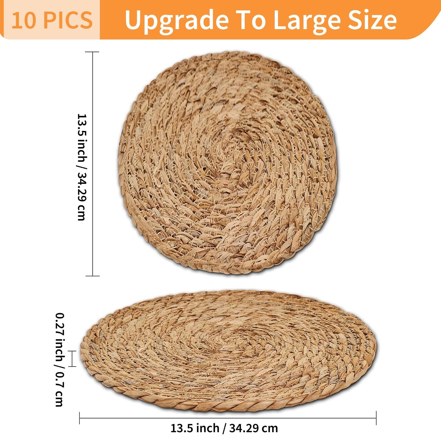 Defined Deco Woven Placemats Set of 10, 13.5" Round Rattan Placemats, Natural Hand-Woven Water Hyacinth, Farmhouse Weave Rustic Braided Wicker Table Mats for Dining Table, Home, Wedding