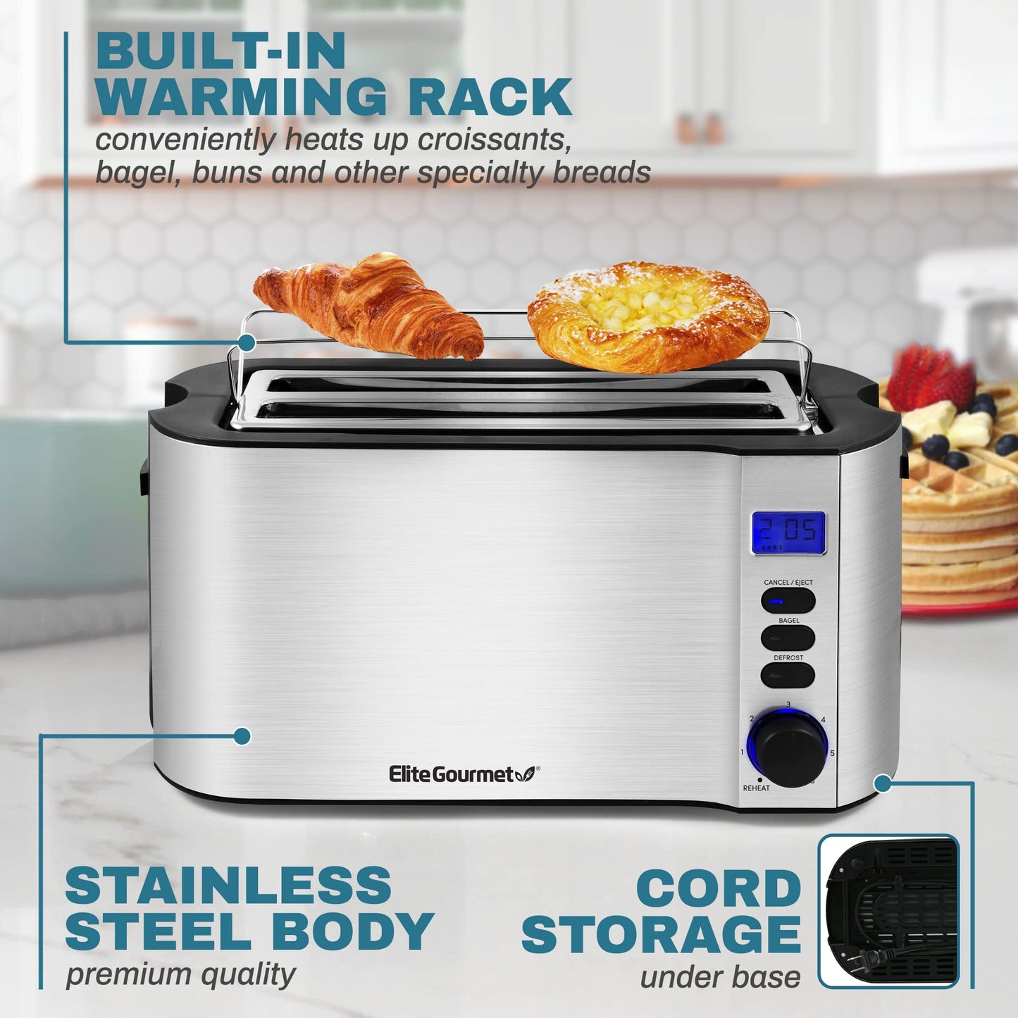 Elite Gourmet ECT4400B# Long Slot 4 Slice Toaster, Countdown Timer, 6 Toast Setting, Defrost, Cancel Function, Built-in Warming Rack, Extra Wide Slots for Bagel Waffle, Stainless Steel