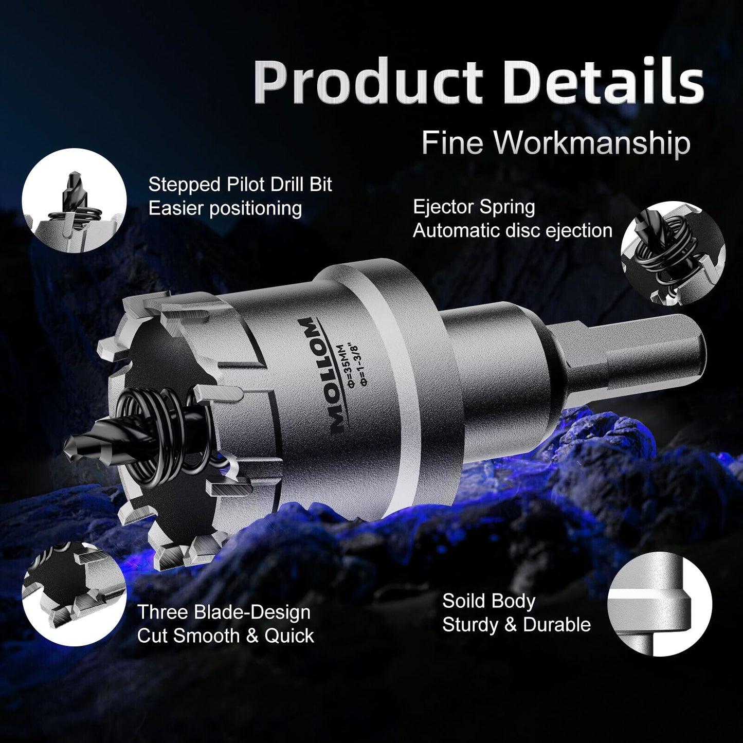 Mollom TCT 12Pcs Hole Saw(13-54mm) Carbide Hole Saw Kit for Hard Metal, Extra 2xTitanium & 2xStepped Pilot Drill bits and 3Pcs Hex Key for Stainless Steel,Iron,Aluminum,Alloy,Metal,Wood