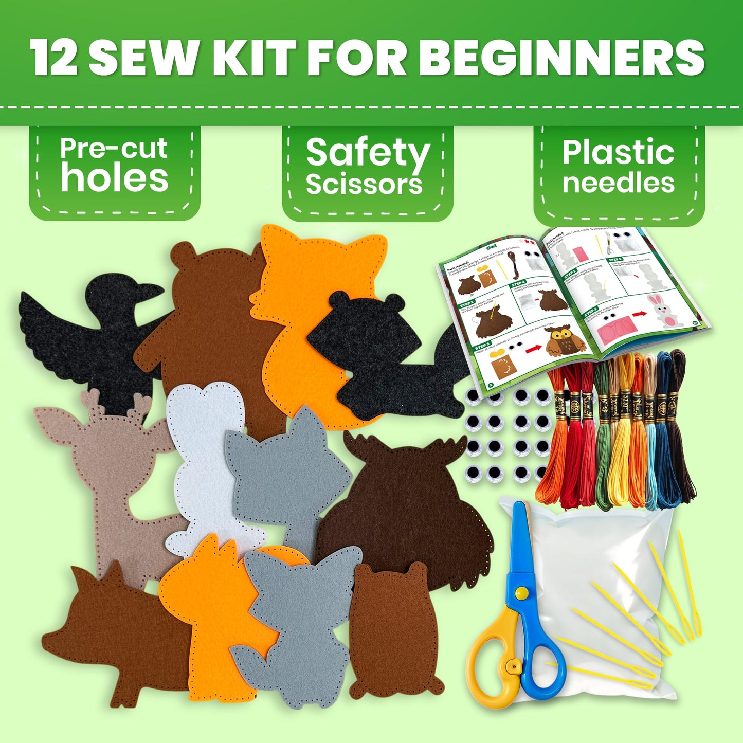 QUOKKA Kids Crafts Ages 4-8, DIY Beginner Needle and Thread Kit - 12 Forest Animals Sewing Kit Basic - Fun Arts Crafts for Kids Ages 6-8 Girls Boys - Plastic Needles, Scissors - 6+ Year Old Girl Gifts
