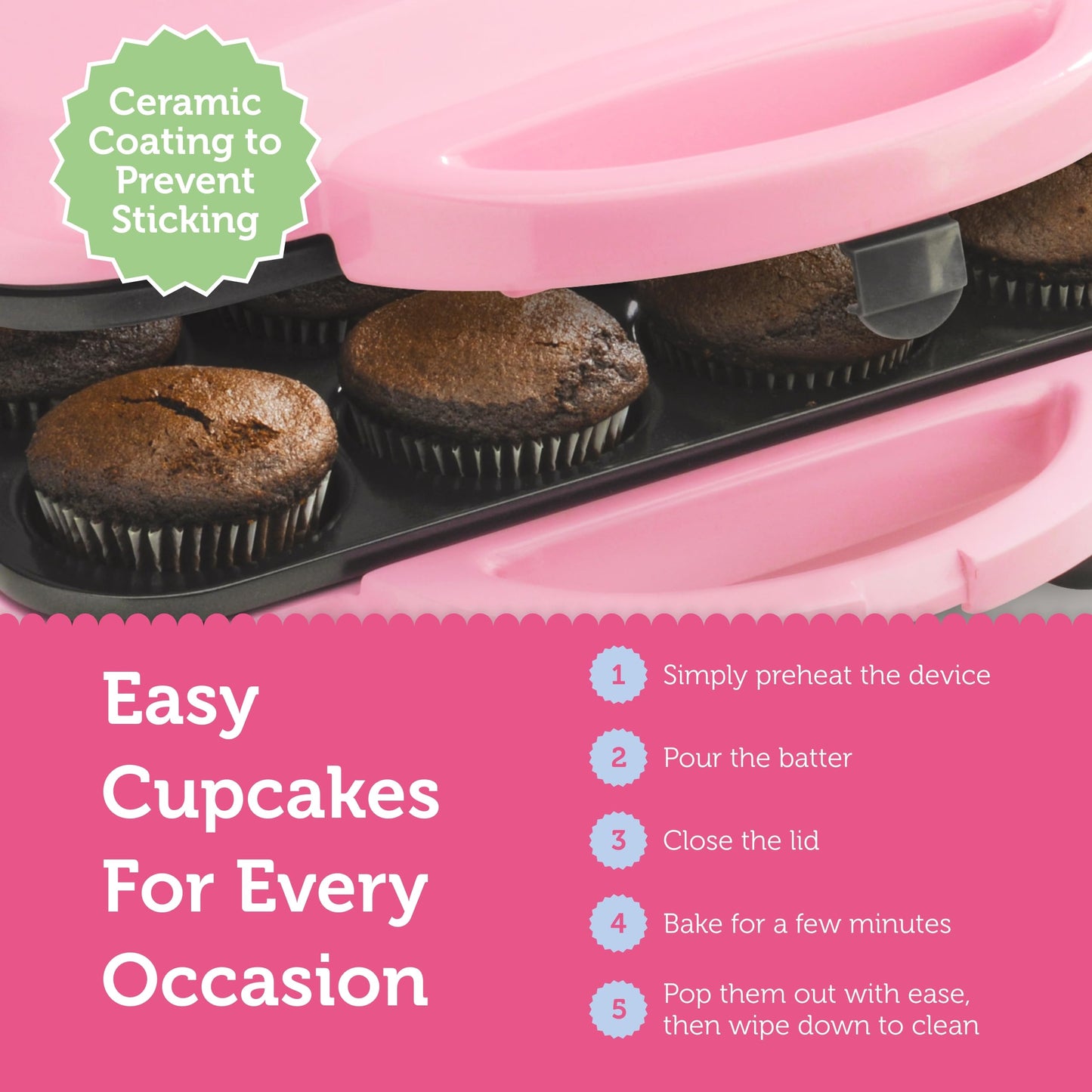 Babycakes Full Size 12 Cupcake Maker - Kitchen Appliance with Nonstick Coating & Latching Handle - Machine for Full-Sized Cupcakes - Includes Manual with Cupcake Recipes